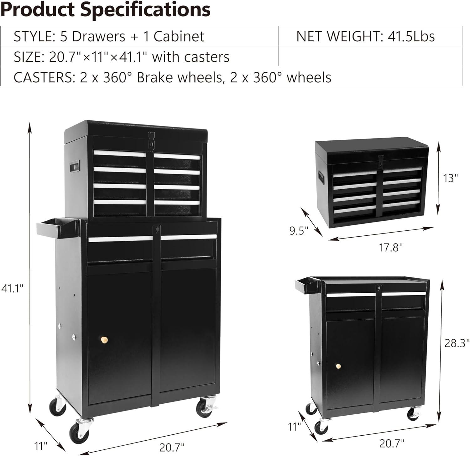 Sesslife 5-Drawer Rolling Tool Chest on Wheels, High Capacity Tool Cabinet with Drawers, Detachable Mobile Tool Box for Workshop, Garage, Mechanics and Repair Room(Black)