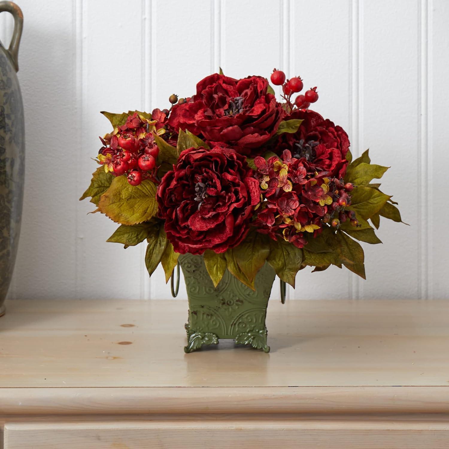 Nearly Natural Peony & Hydrangea Silk Flower Arrangement - Red