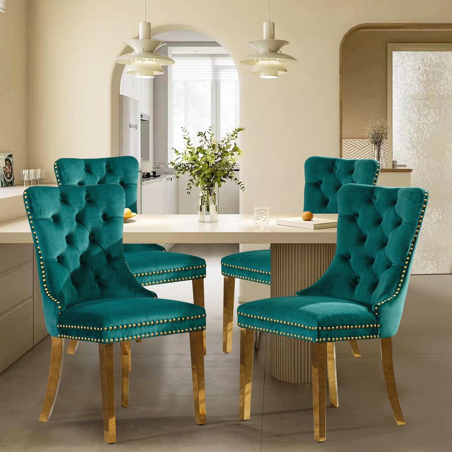 Green Velvet Upholstered Dining Chairs with Gold Legs, Set of 4