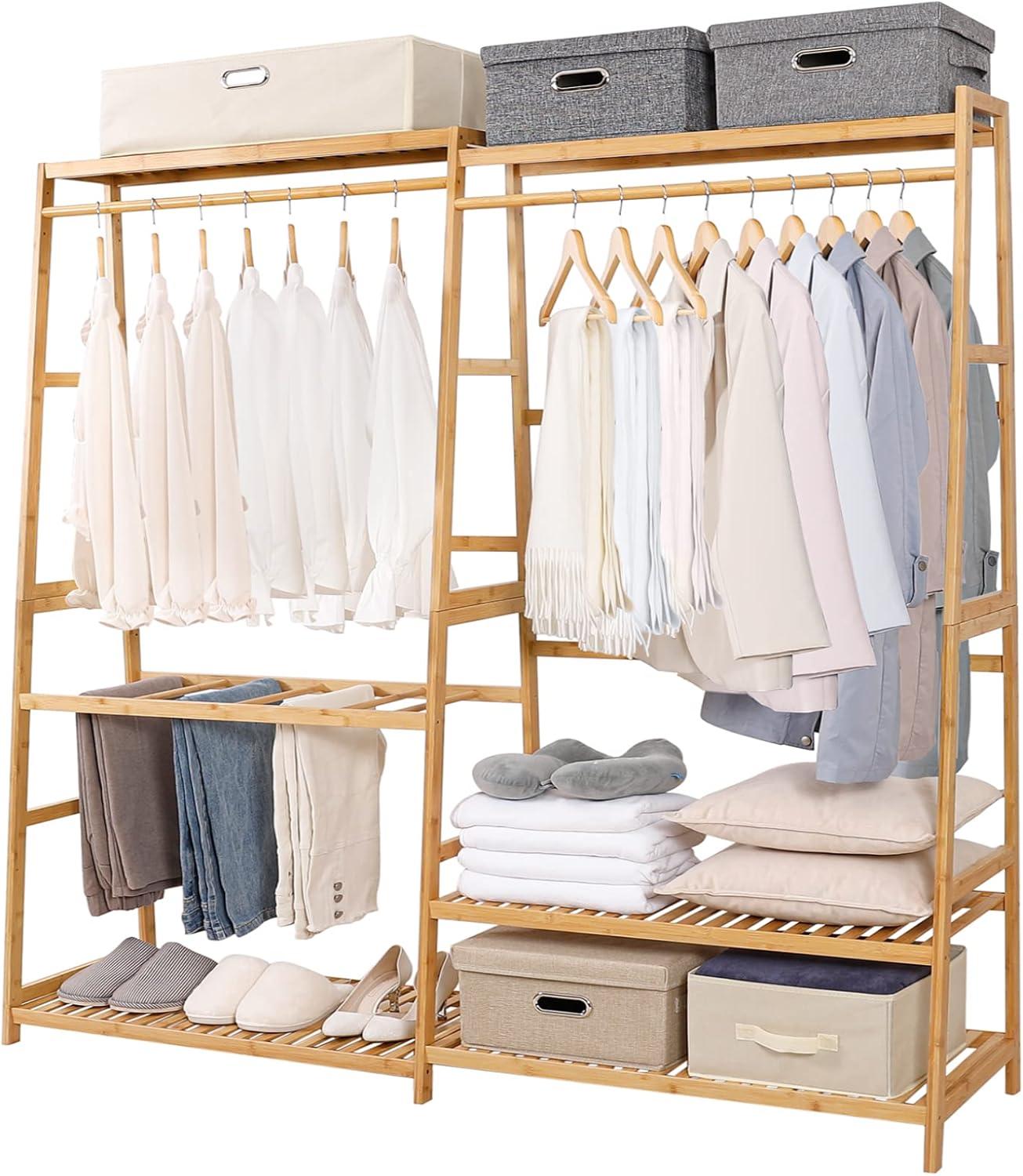 TELOVIN Bamboo Clothes Rack Heavy Duty Garment Racks For Hanging Clothes, Max Load 440Lbs, Freestanding Clothing Rack Closet With 6 Shelves