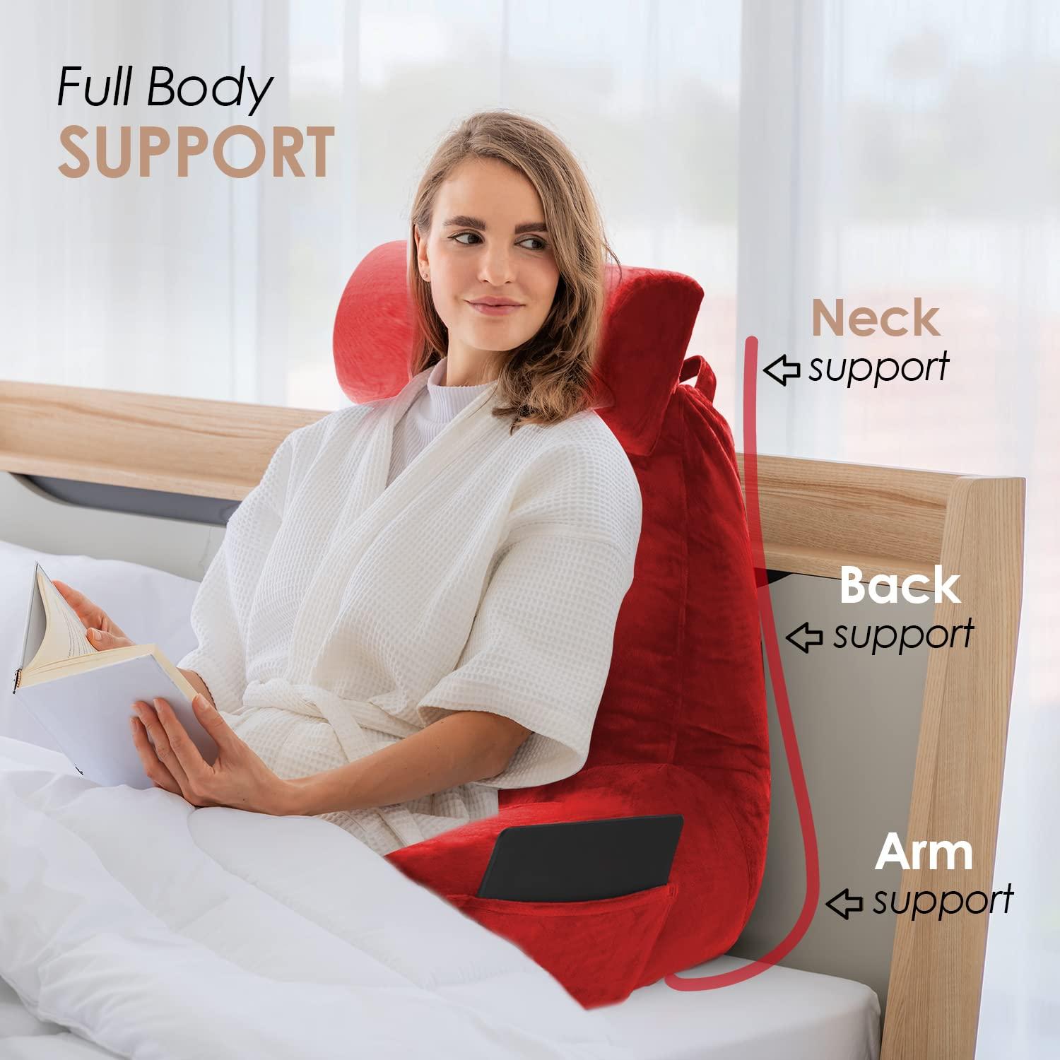 Nestl Reading Pillow with Shredded Memory Foam Includes 2 Neck and Lumber Support Pillows, Designed for Sitting Up in Bed and Couch, Back and Arms Adjustable Support for Adult & Teens, Red
