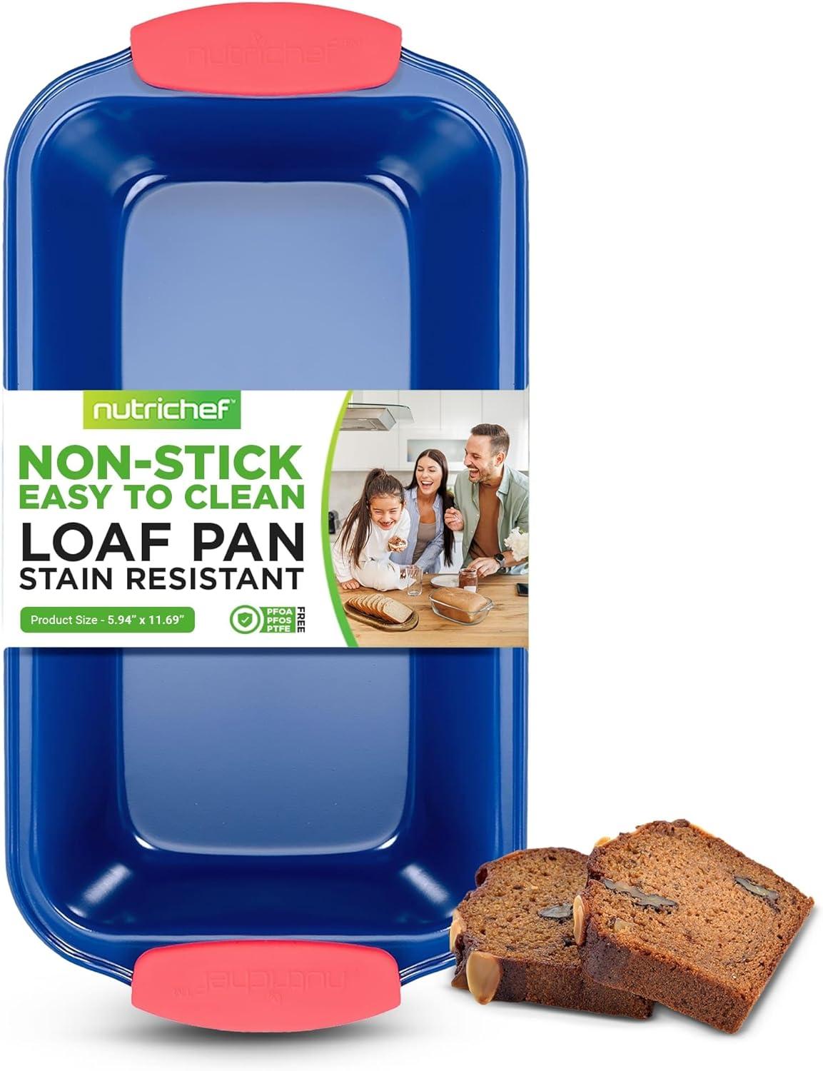 NutriChef Non-Stick Loaf Pan - Deluxe Nonstick Blue Coating Inside and Outside with Red Silicone Handles