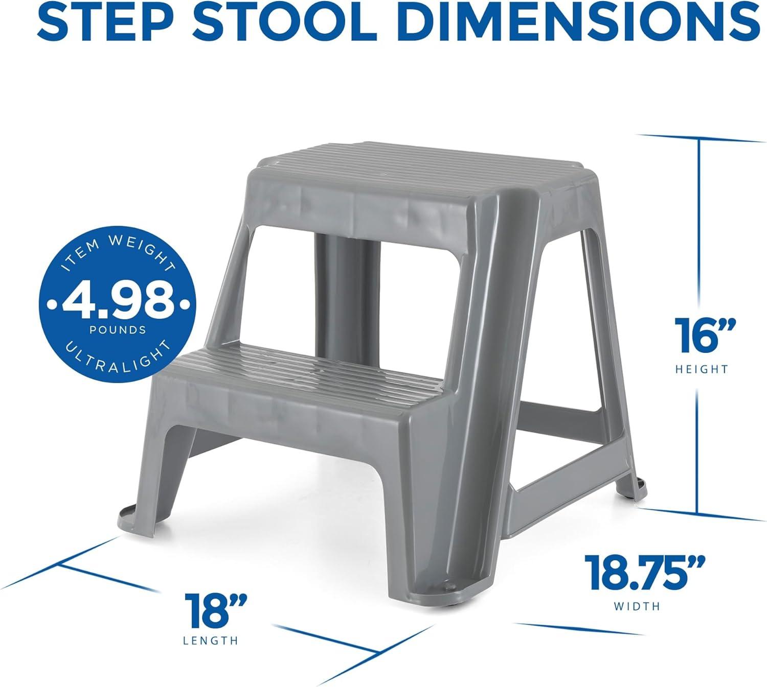 Gracious Living Plastic 2-Step Stool, Portable Step Stool for Home or Work, 16 Inches Tall, Gray