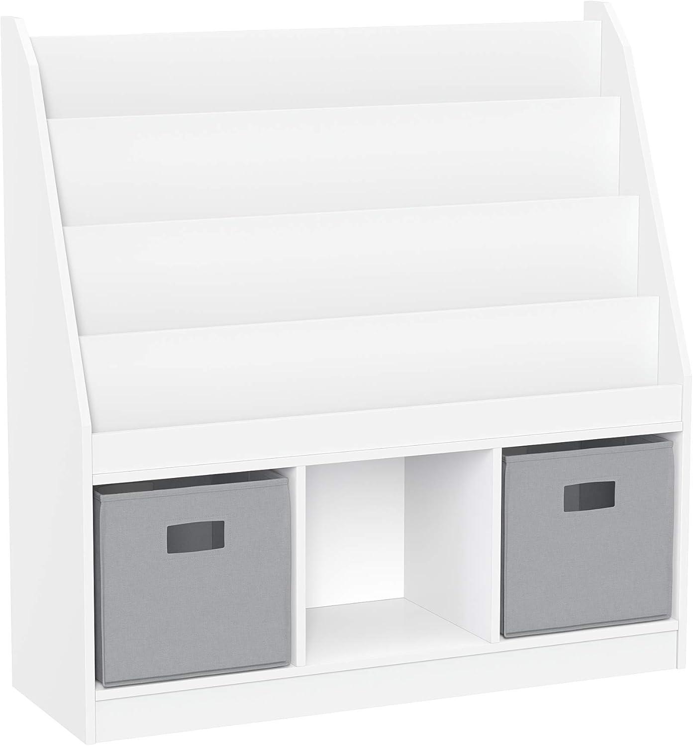 RiverRidge Kids Playroom Bookrack with 3 Toy Organizer Cubbies and 4 Book Shelves - White with 2 Gray Fabric Bins