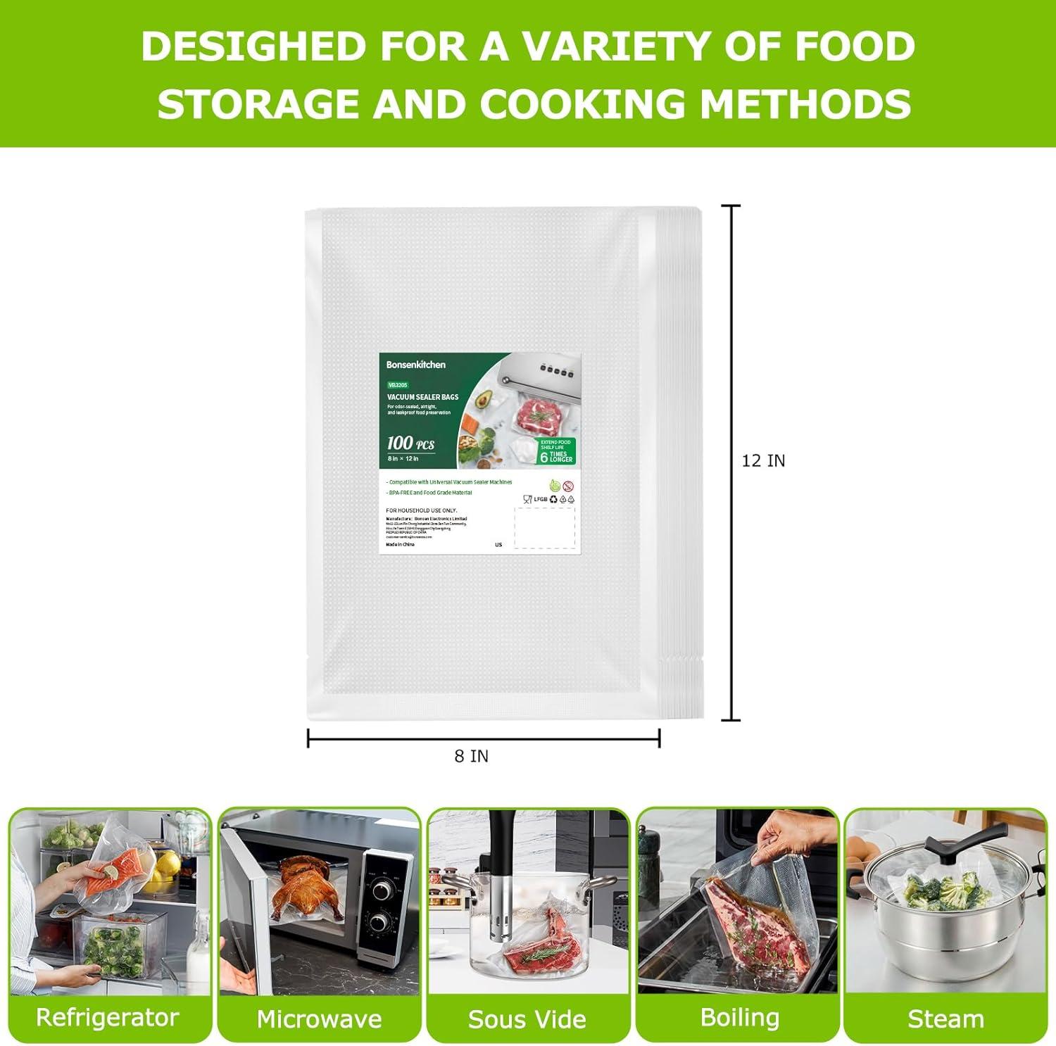 Bonsenkitchen Precut Vacuum Food Sealer Bags 100 Quart 8" x 12", BPA Free, Commercial Grade Textured,Thick Embossed Bags,Storage and Sous Vide Cooking