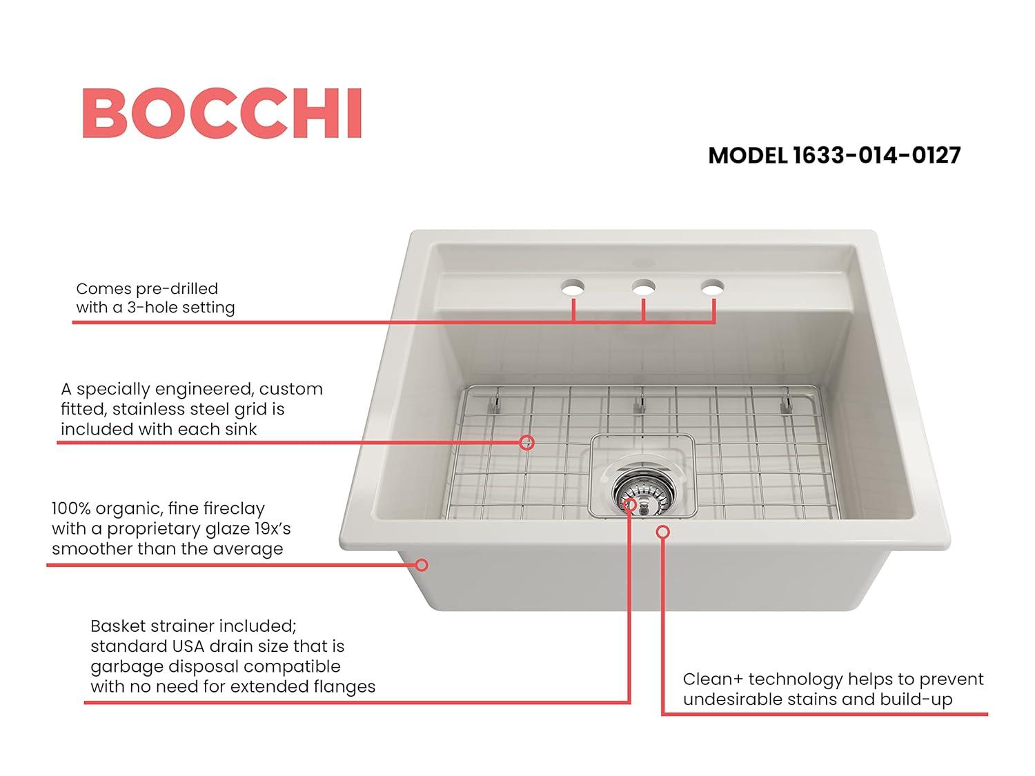 BOCCHI Baveno 27'' L Dual Mount Single Bowl Fireclay Kitchen Sink 1633-001-0127