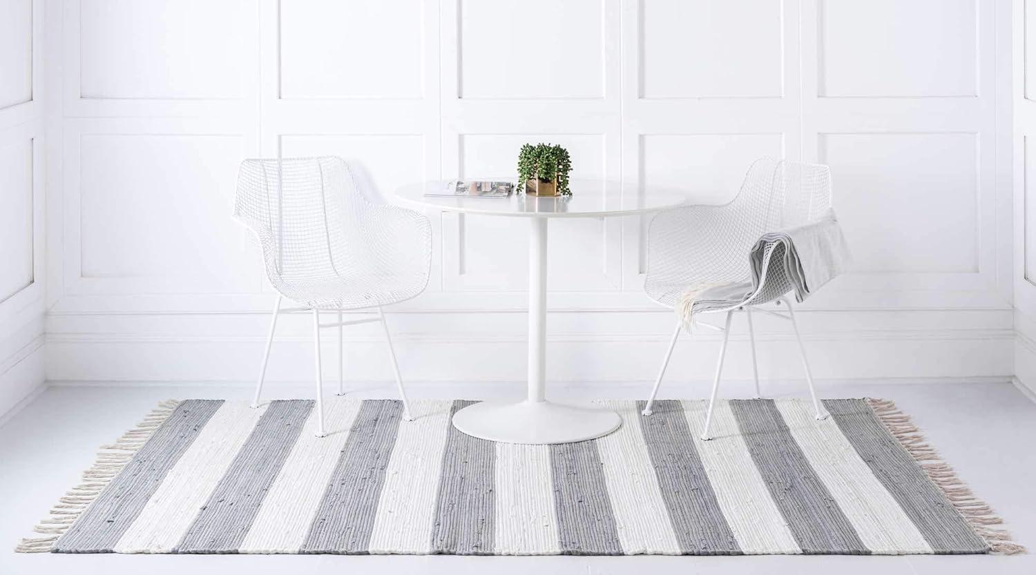 Gray and Ivory Striped Cotton Fringe Area Rug