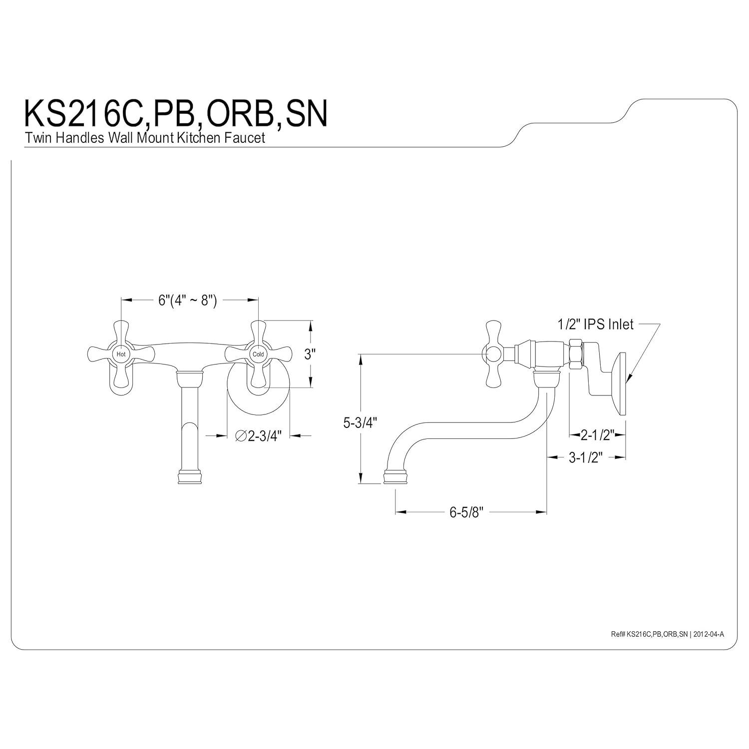 Kingston Brass Kingston Brass Kingston Two-Handle 2-Hole Wall Mount Bathroom Faucet KS216C
