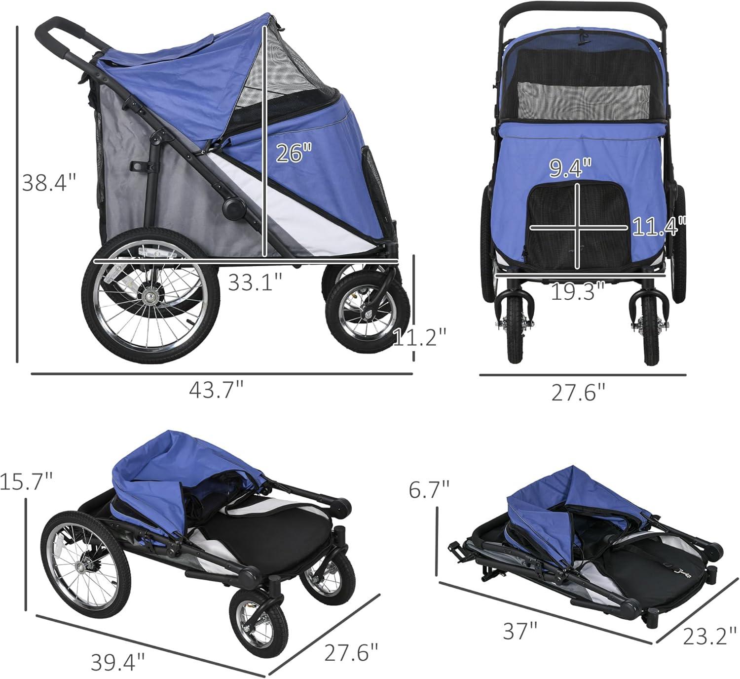 Blue Foldable Pet Stroller with Mesh Canopy and Cushion