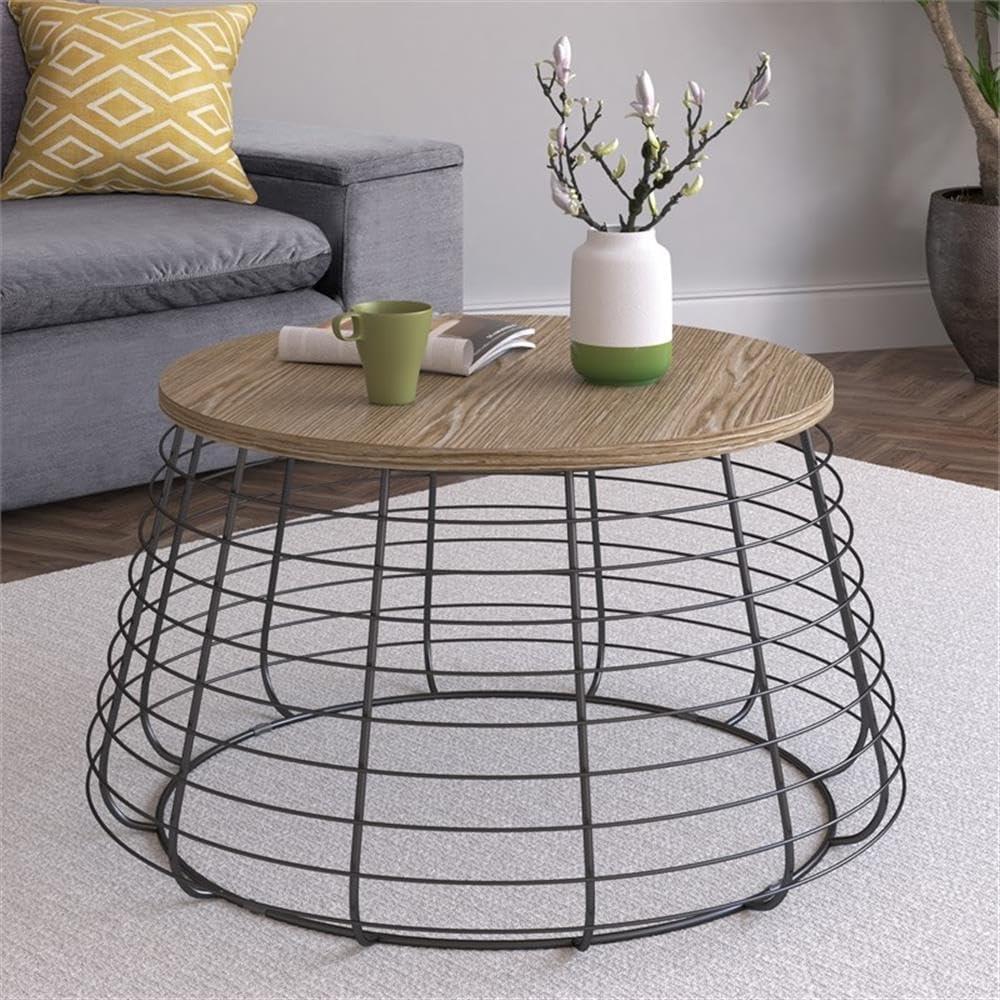 Morris Coffee Table Black - ClickDecor: Sturdy Metal Base, Distressed Wood Top, Modern Pedestal Design