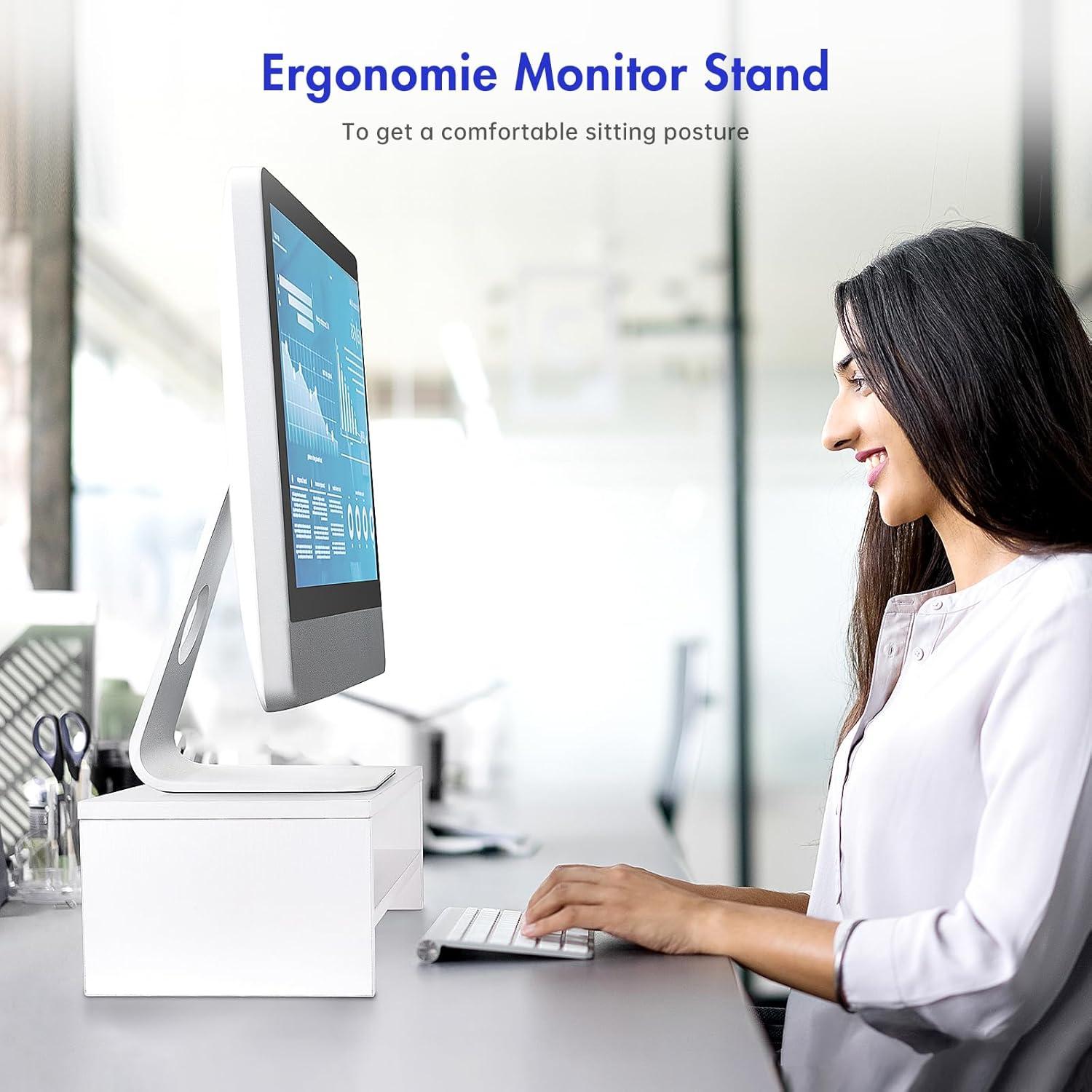 White MDF 2-Tier Monitor Stand with Storage