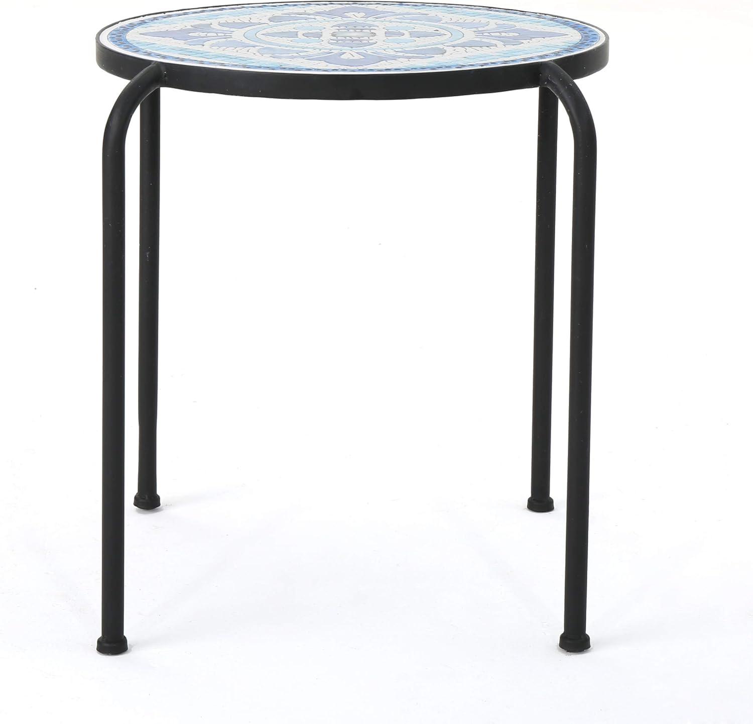 Sindarin Outdoor Ceramic Tile Round Side Table, Blue and White