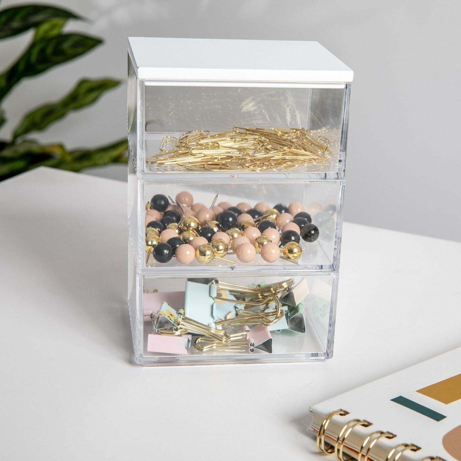 Martha Stewart Brody Clear Plastic Storage Organizer Bins with White Engineered Wood Lid for Home Office, Kitchen, or Bathroom, 3 Pack Small, 3.75" x 3"