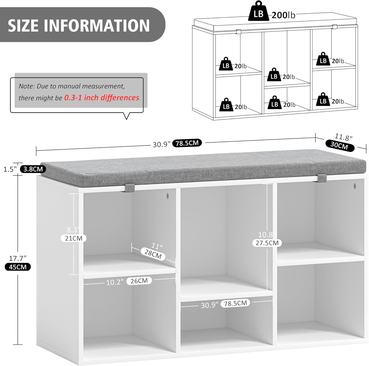 VASAGLE 6 Compartments Shoe Bench with Cushion Cube Storage Bench Storage Cabinet for Entryway White