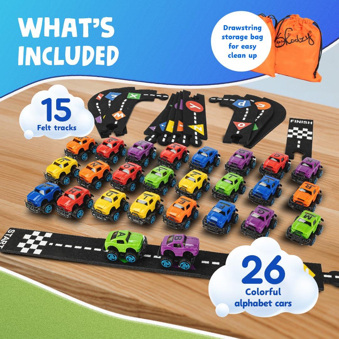 Skoolzy AlphaTracks Alphabet Race Car Track 41-Piece Set with Flexible Felt Racing Tracks ABC Montessori Toys Preschool Activities Includes Letters & Numbers for Kids Recognition Skills Includes eBook