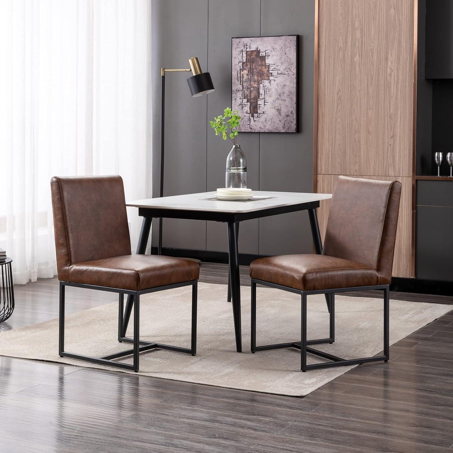 Guyou Modern Dining Chair Set of 2, Faux Leather Upholstered Side Chair with High Back and Metal Frame for Living Room Dining Room, Brown