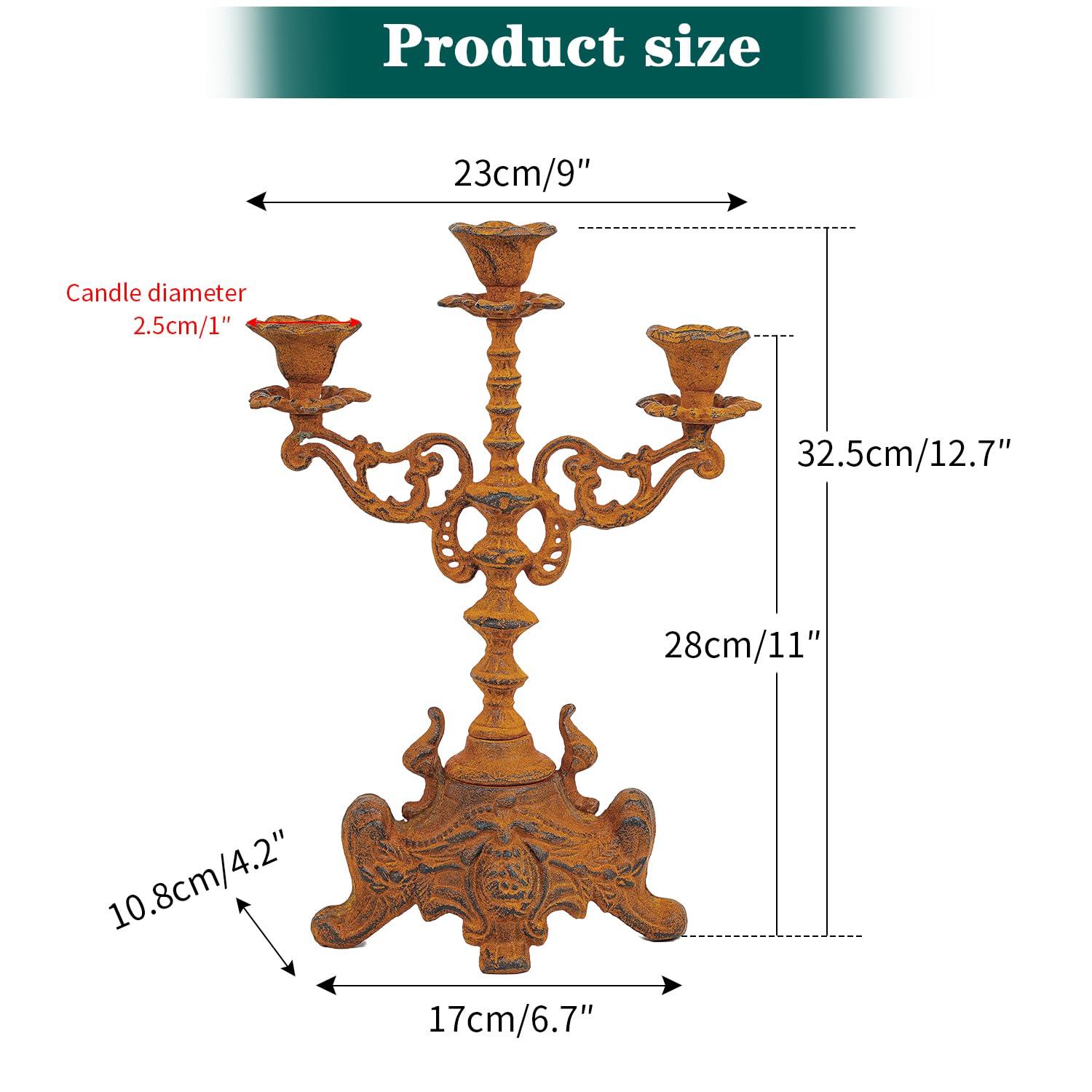 Sungmor Rusty Cast Iron 3 Arm Candelabra, 13" Tall Vintage Candlestick Holder, Decorative Taper Candle Holder, Pretty Centerpiece Candle Stand for Halloween, Christmas, Holiday Décor