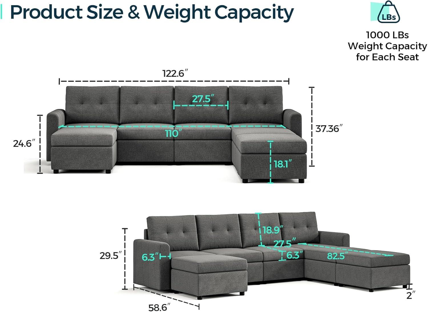 LINSY HOME Oversized Modular Cloud Sectional Sofa, RUBIK III 7 Seat Storage Couches and Sofas, Sectional Couches for Living Room with Reversible Chaises, Light Gray