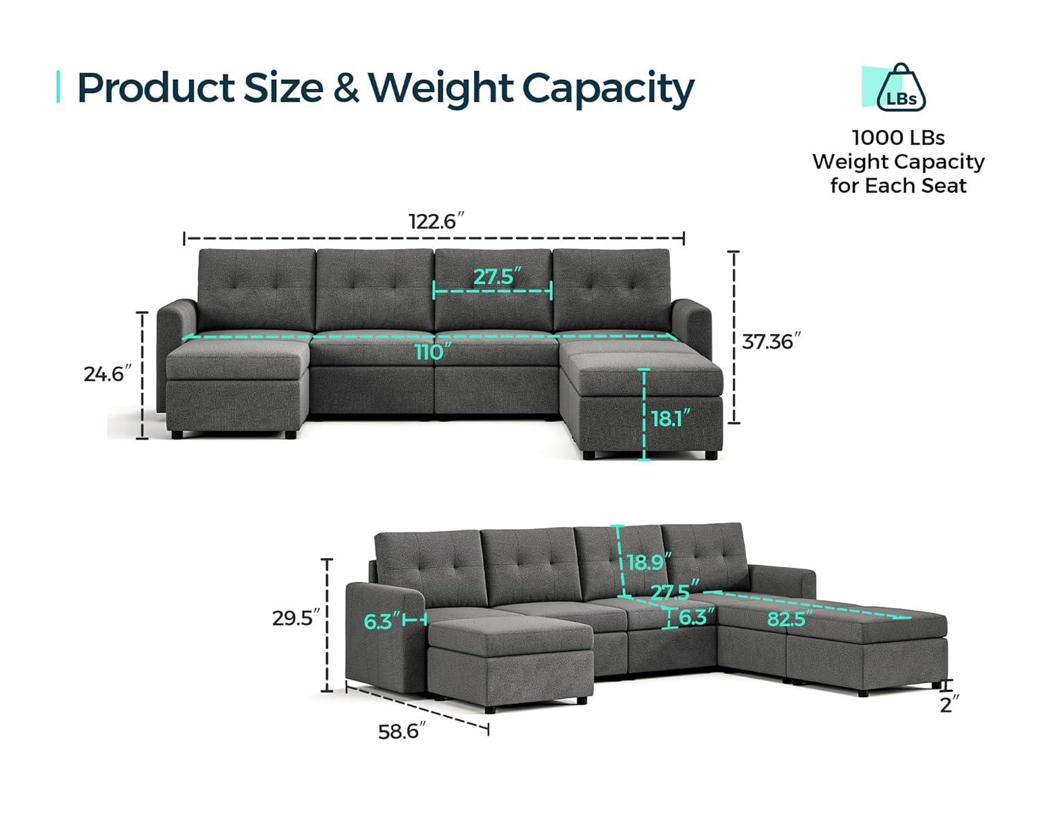 LINSY HOME Oversized Modular Cloud Sectional Sofa, RUBIK III 7 Seat Storage Couches and Sofas, Sectional Couches for Living Room with Reversible Chaises, Light Gray
