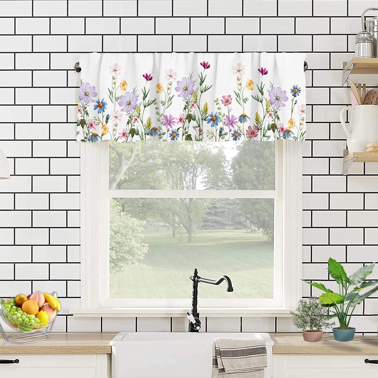 Spring Watercolor Floral Print Valance with Rod Pocket, 54" x 18"