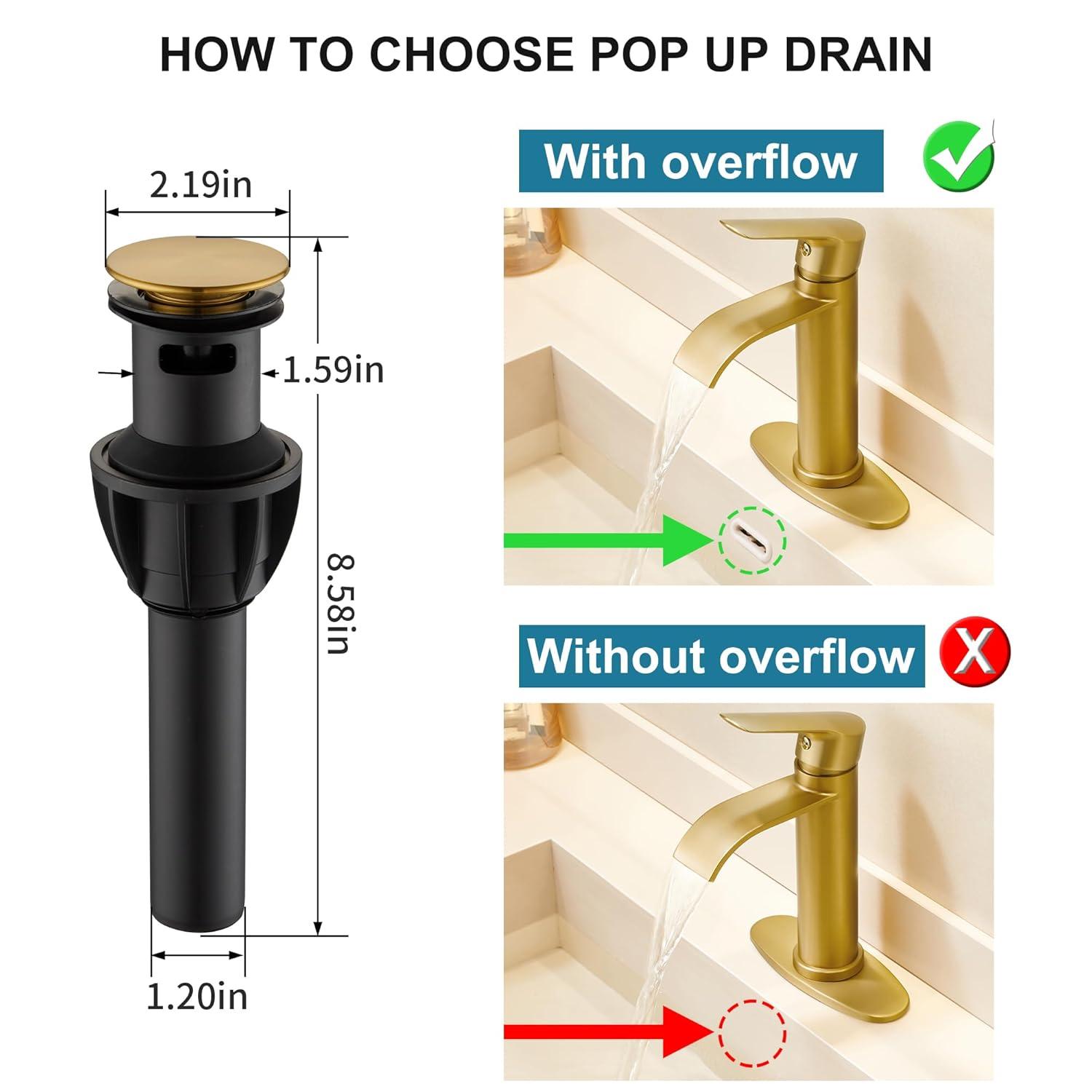 Gold Bathroom Faucets | Waterfall Single Hole Bathroom Sink Faucet with Deck Plate, 1 Hole Or 3 Hole for 4 Inch Brushed Gold Vanity Faucet with Pop-Up Drain Single Handle Lavatory Faucet