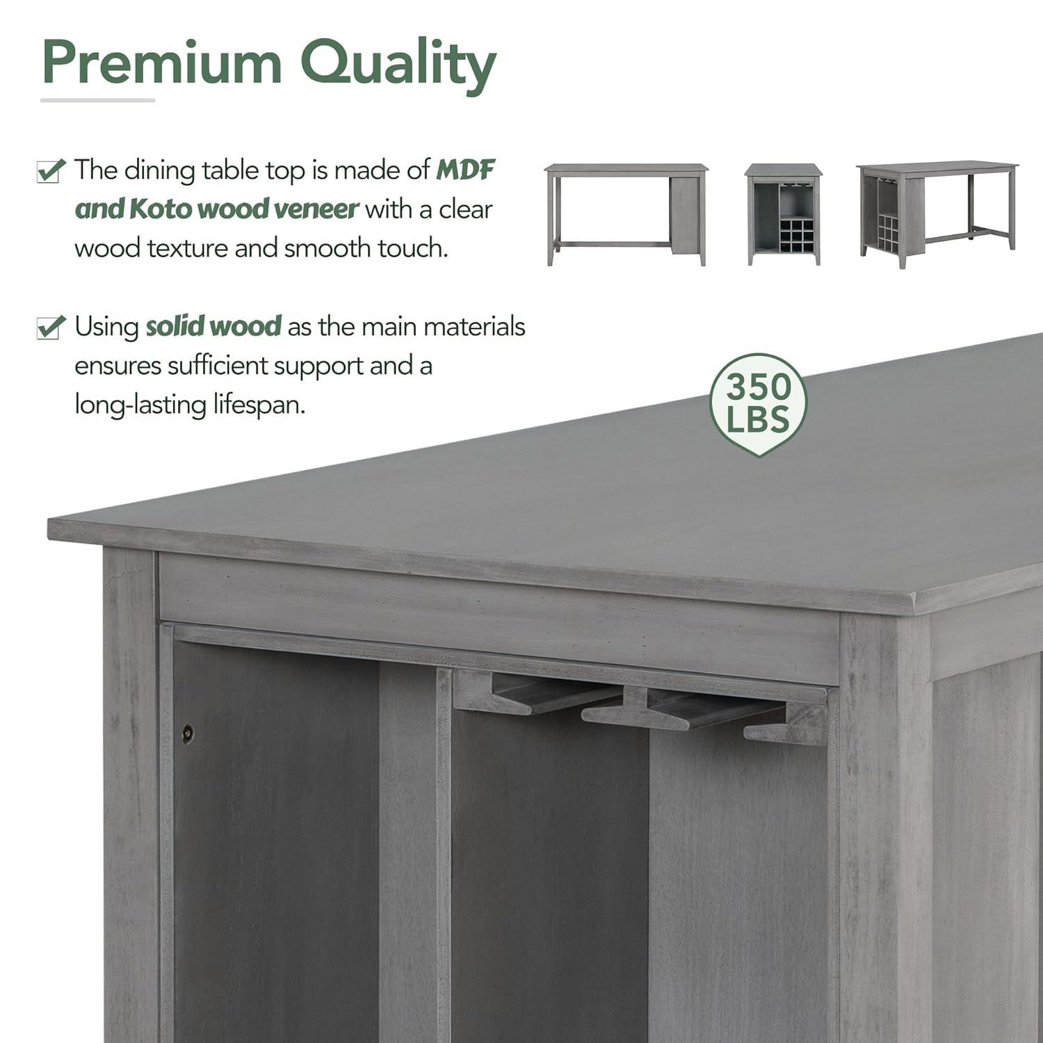 5-Piece Multi-Functional Rubber Wood Counter Height Dining Set with Padded Chairs and Integrated 9 Bar Wine Compartment, Wineglass Holders for Dining Room (Gray) 39AAE