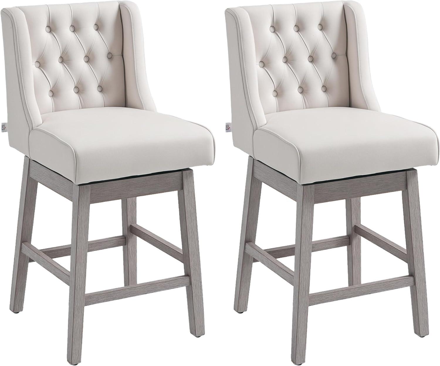 HOMCOM Counter Height Bar Stools Set of 2, 180 Degree Swivel Barstools, 27" Seat Height Bar Chairs with Solid Wood Footrests and Button Tufted Design, Beige