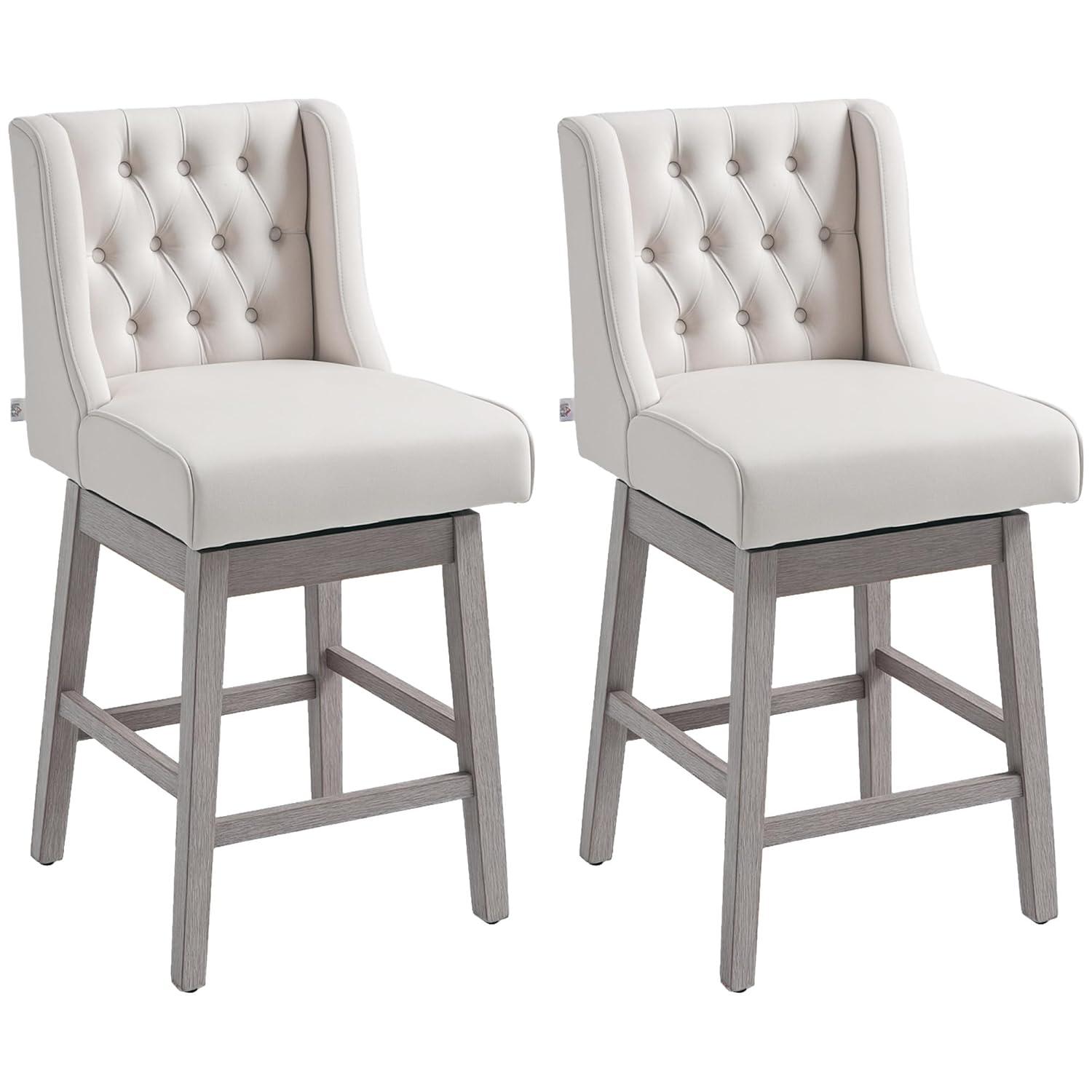 HOMCOM Counter Height Bar Stools Set of 2, 180 Degree Swivel Barstools, 27" Seat Height Bar Chairs with Solid Wood Footrests and Button Tufted Design, Beige