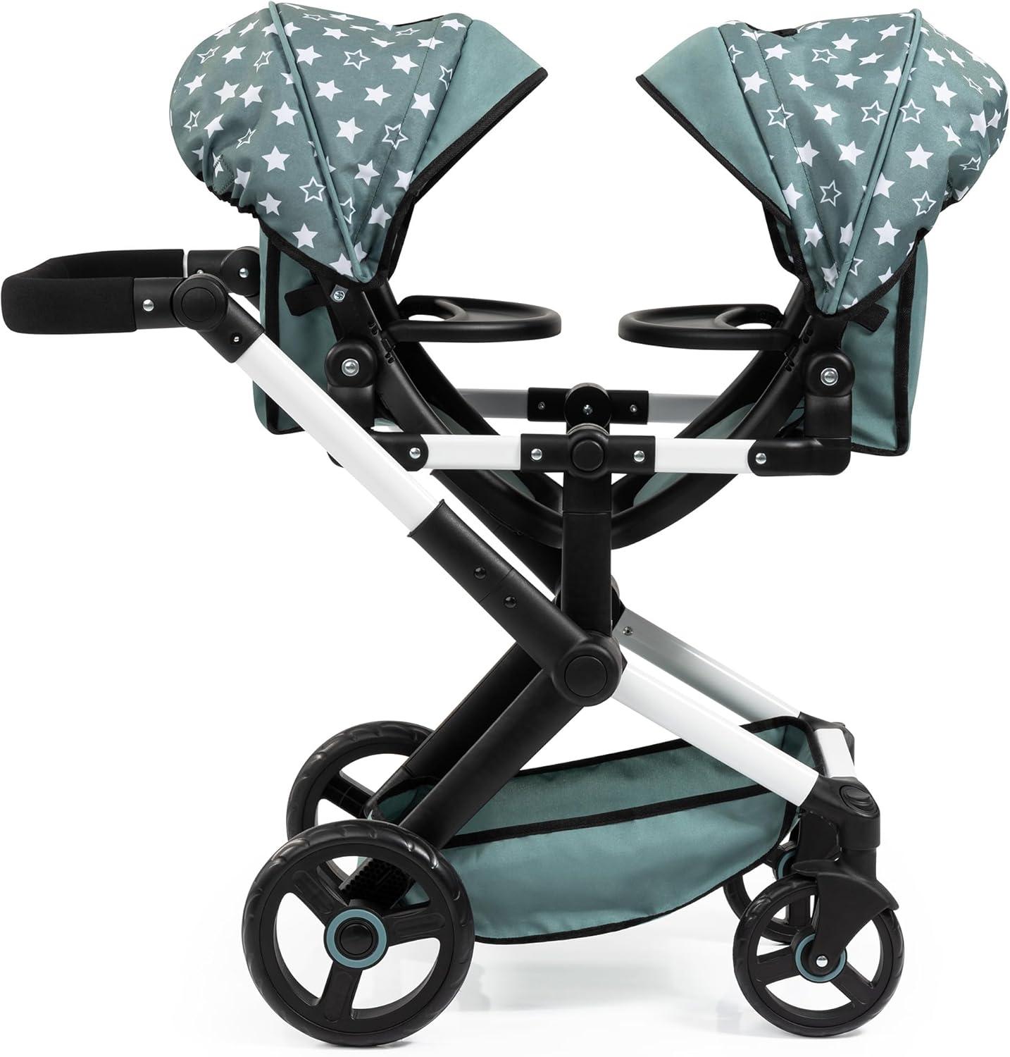 Bayer Design Dolls: Pram Xeo Twin W/ Shoulder Bag, Green & White Stars