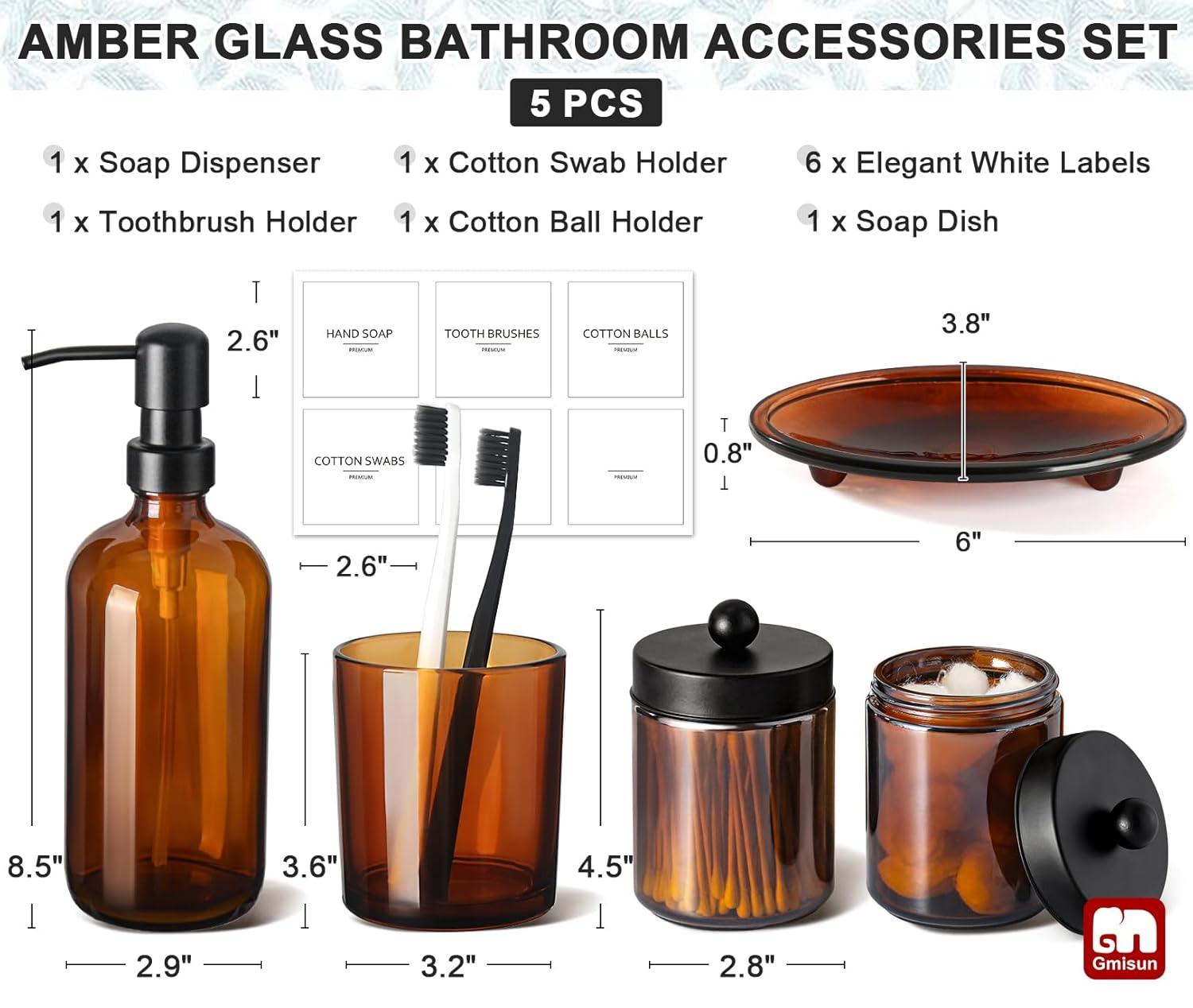 GMISUN Bathroom Accessories Set, 5 Pack Amber Glass Bath Accessory Sets Complete, Brown Soap Dispenser and Toothbrush Holder Bathroom Counter Sink Set with Labels, Rustic Modern Vintage Bathroom Decor