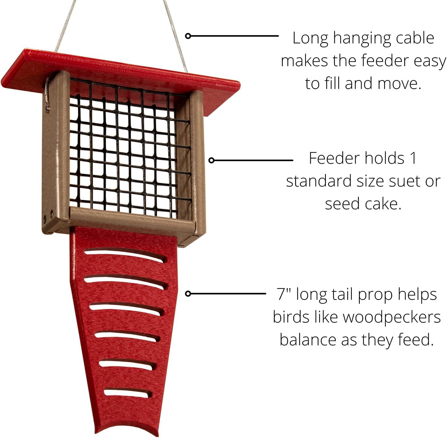 JCs Wildlife Red/Tan Recycled Poly Lumber Single Suet Feeder Tail Prop Bird Feeder - Holds 1 Suet Cake - Long Lasting Suet Cage Feeder