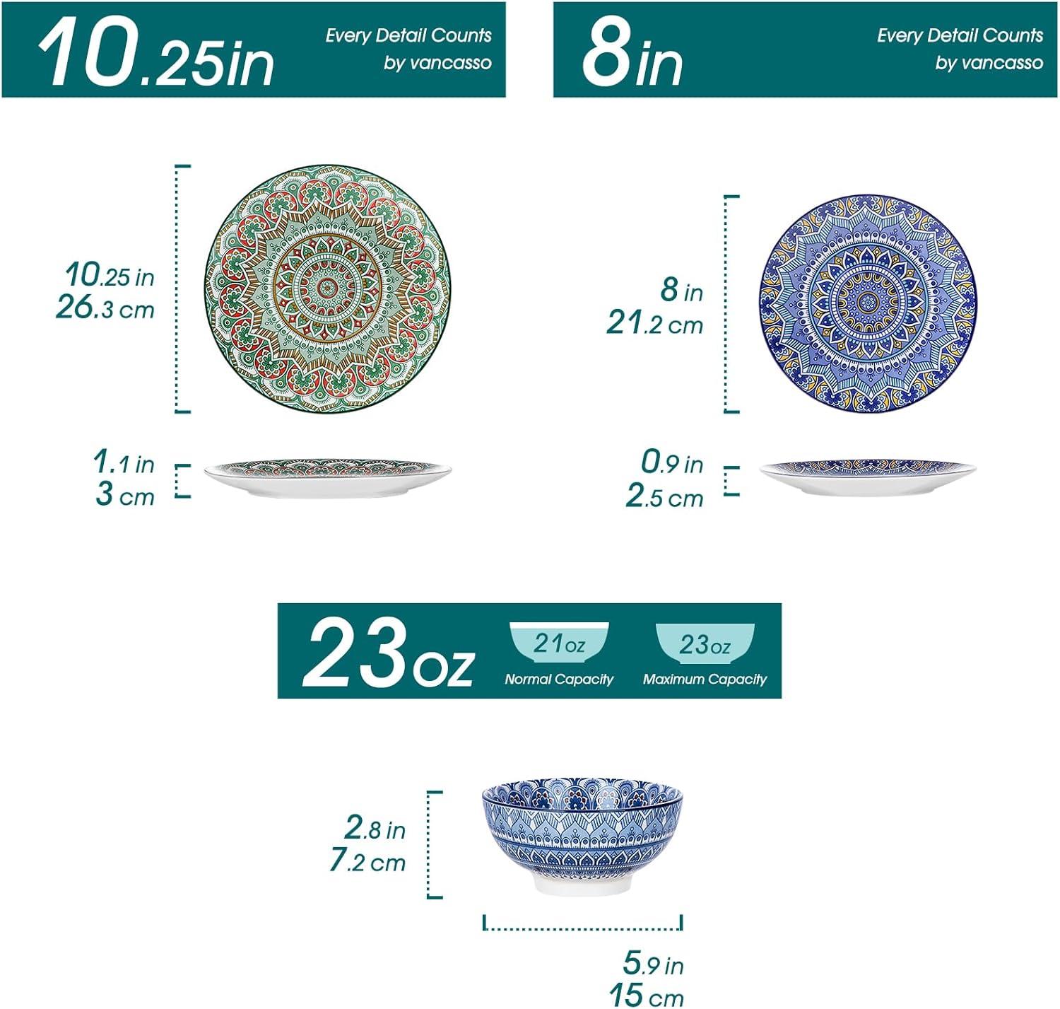 vancasso Mandala 12 Pieces Dinnerware Sets, Porcelain Dinner Set for 4, Boho Plates and Bowls Set, Colorful Dish Sets