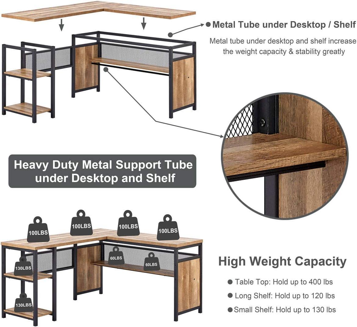 Rustic Oak and Black L-Shaped Corner Computer Desk with Shelves