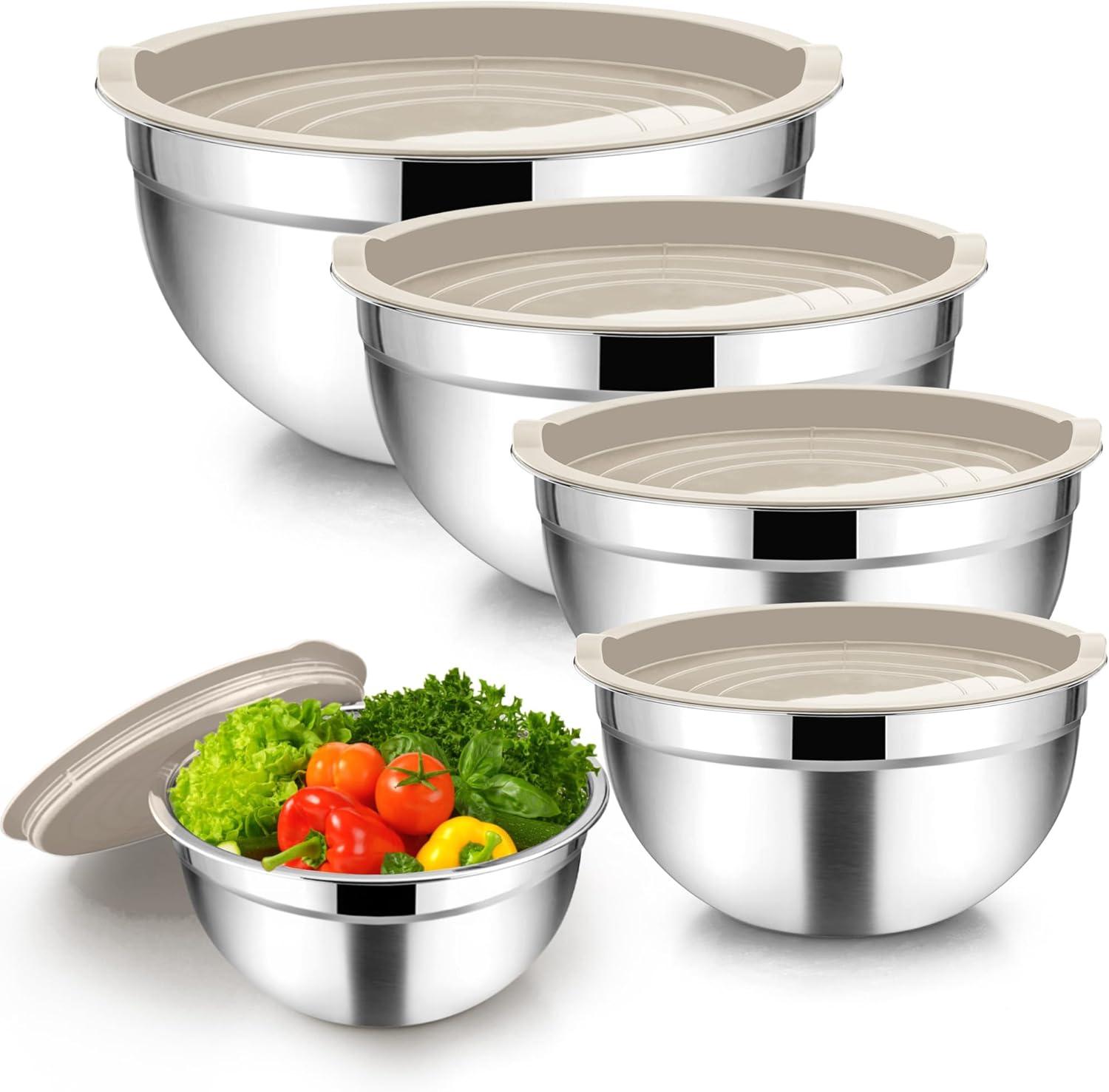 Khaki Stainless Steel Nesting Mixing Bowls with Lids Set of 5