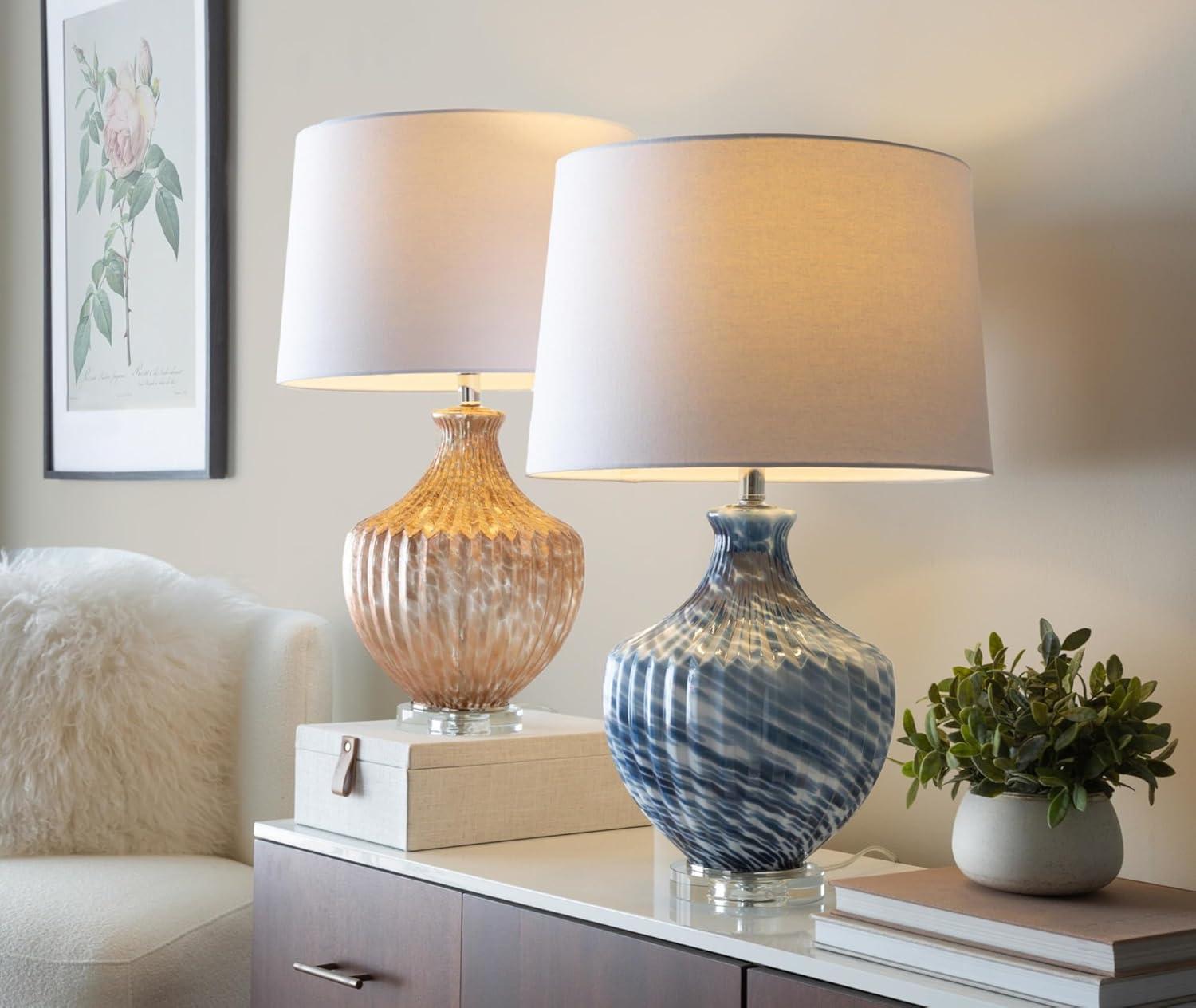 LumiSource (Set of 2) Lotus 27" Contemporary Table Lamps Navy and Gold Glass and Clear Crystal with White Shade from Grandview Gallery