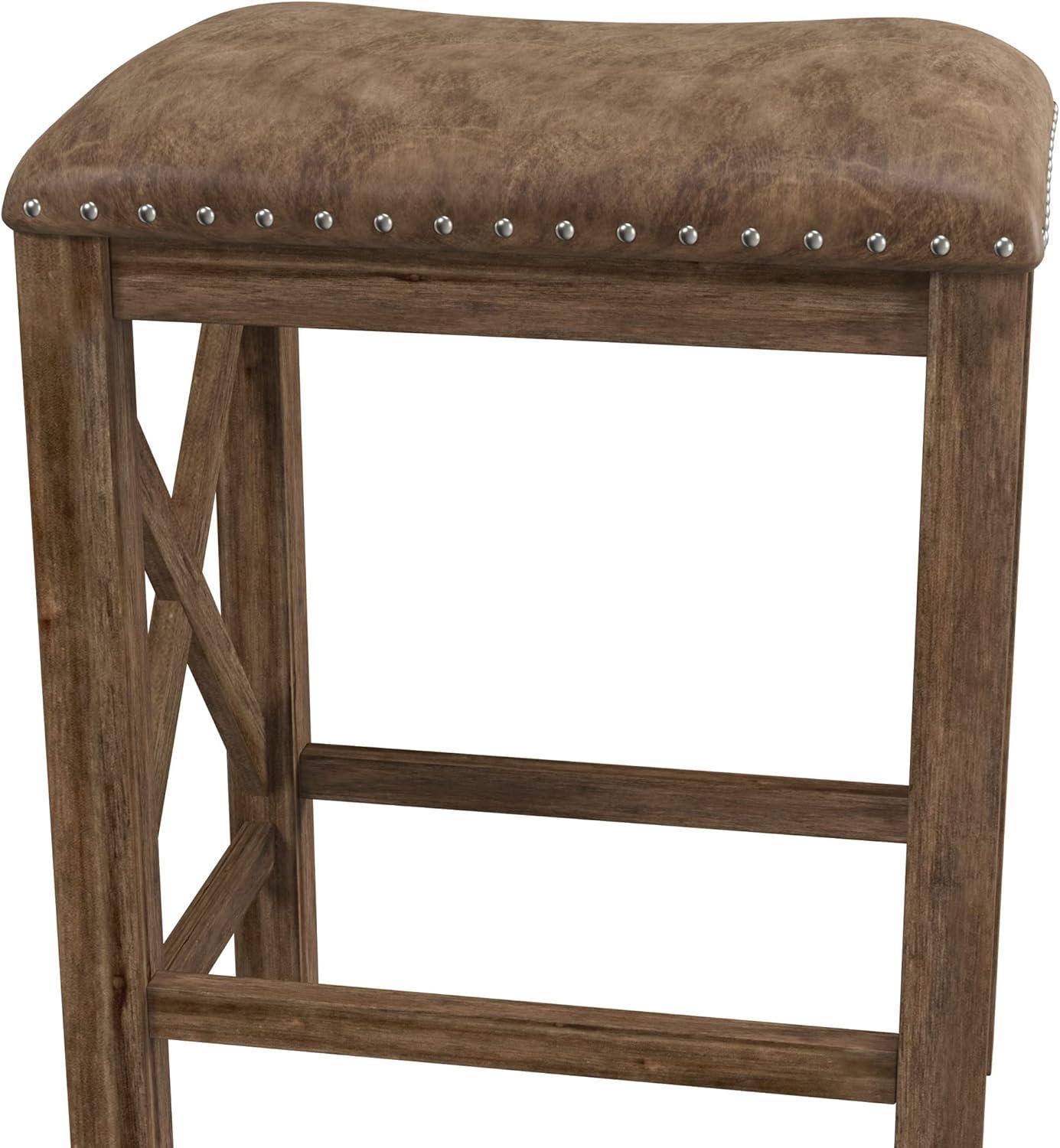 Antique Walnut & Weathered Brown Leather Saddle Barstool, Set of 2