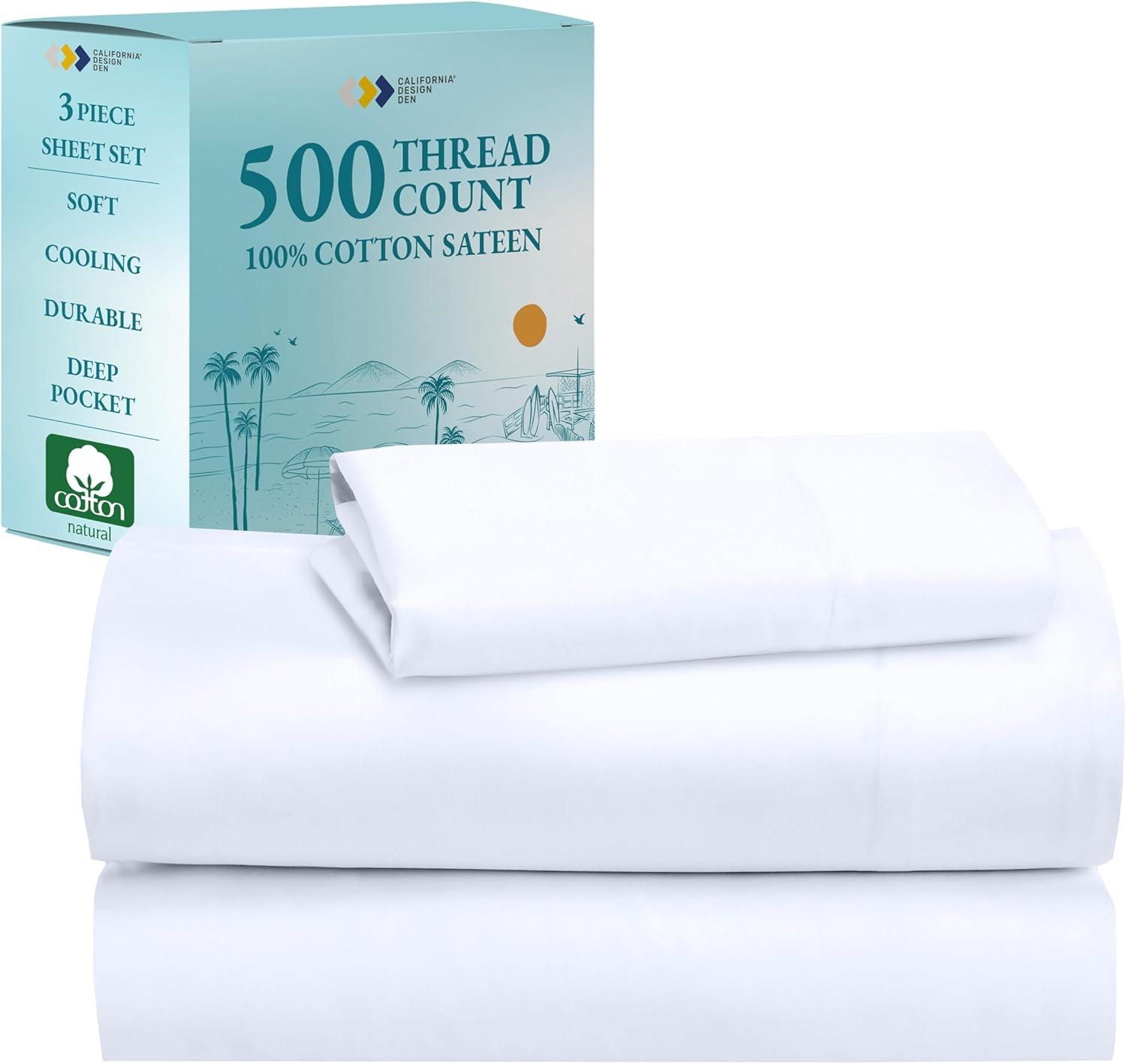 Pure White -Twin XL Sheet Set, 100% Extra Long Staple, 500 Thread Count Sateen Weave, 3 Piece Set, California Design Den