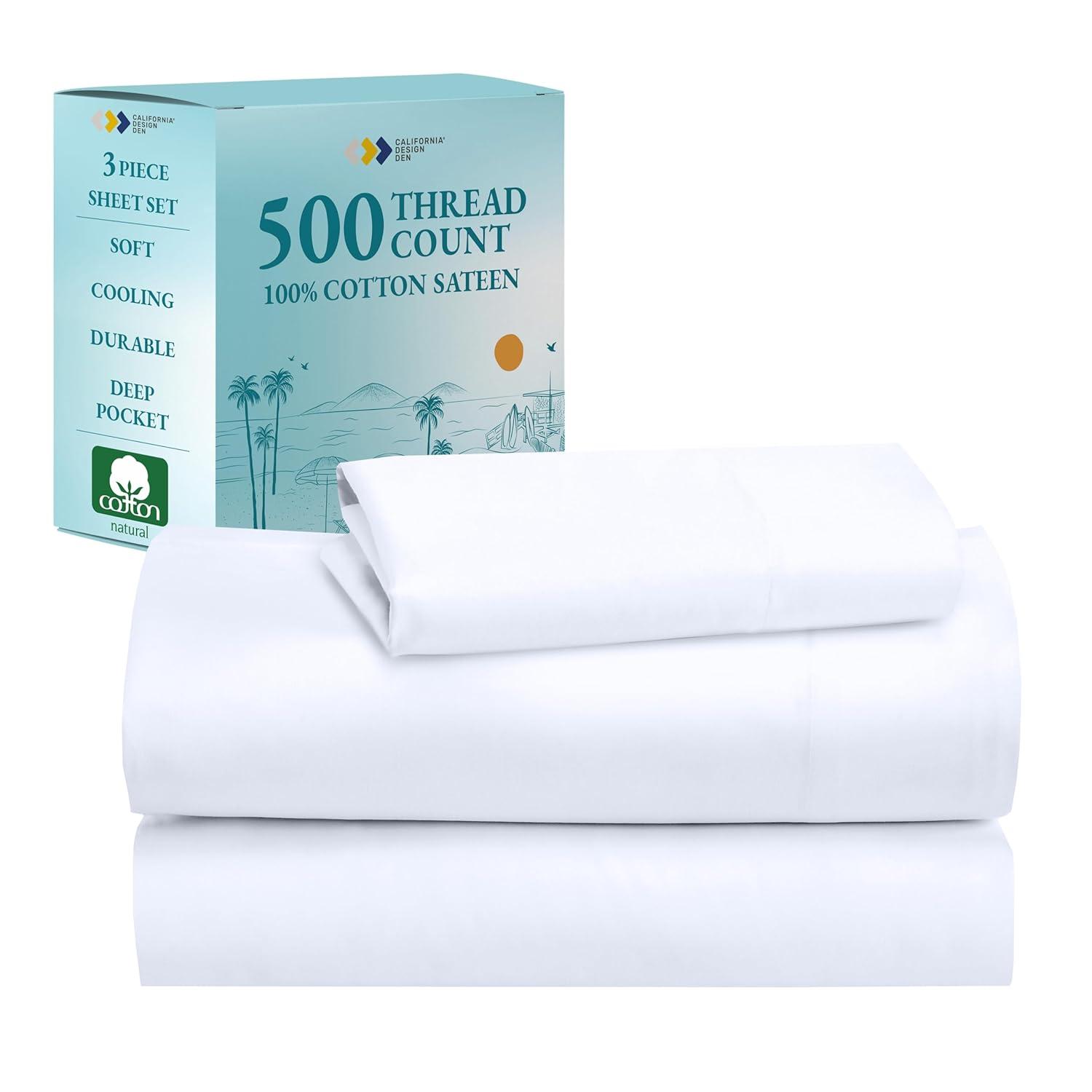 Pure White -Twin XL Sheet Set, 100% Extra Long Staple, 500 Thread Count Sateen Weave, 3 Piece Set, California Design Den