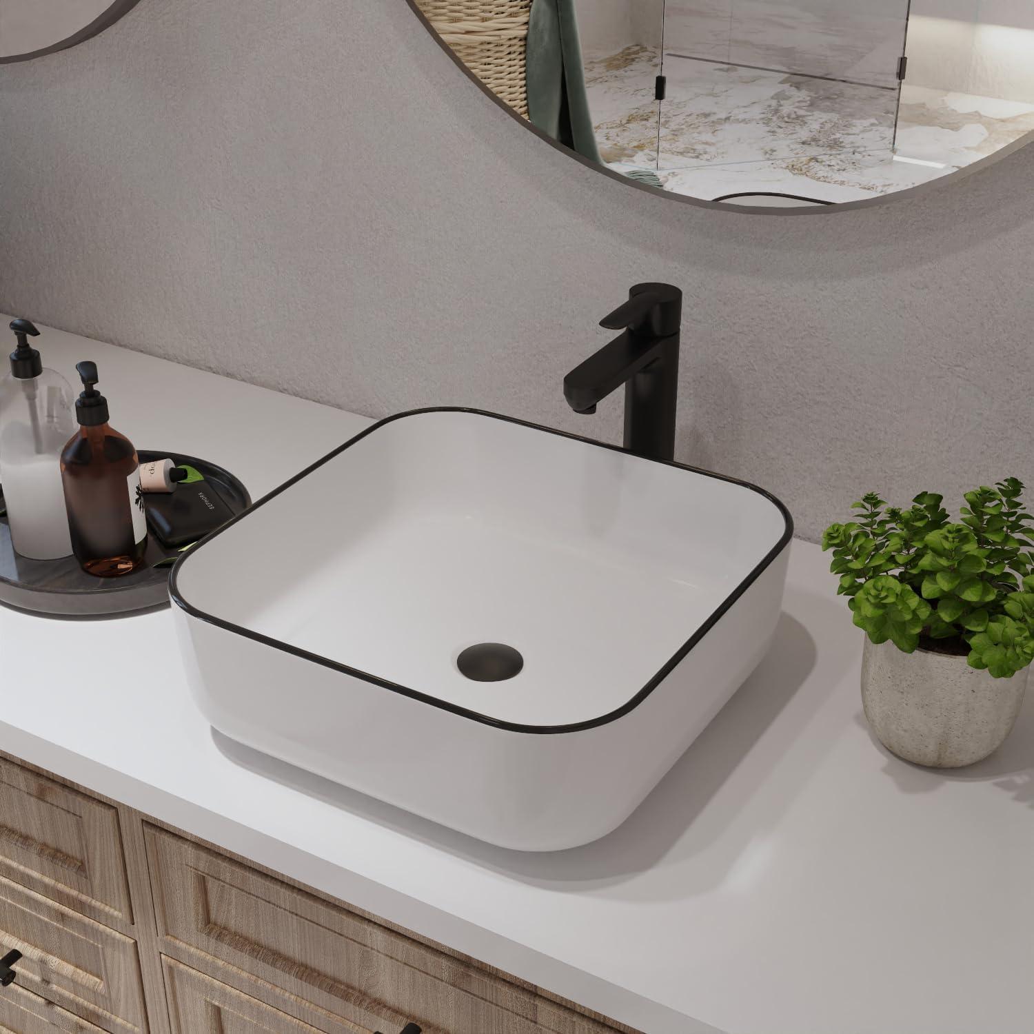 DeerValley Ace 15'' White/Black Square Ceramic Vessel Bathroom Sink