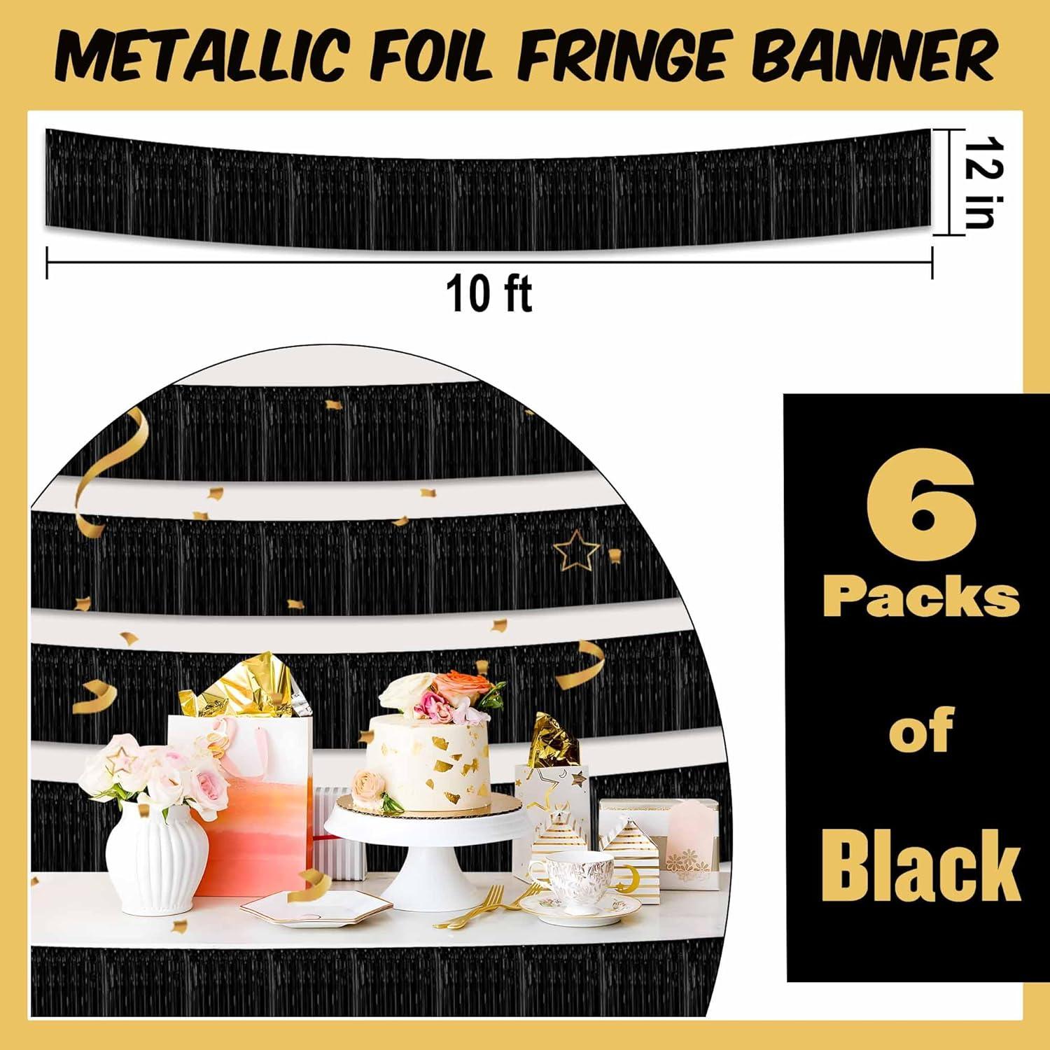 6 Pack 10 Feet Metallic Foil Fringe Garland Tinsel Streamers, Boriyuan Wall Hanging Fringe Backdrop Banner for Parade Floats, Wedding, Birthday, Christmas, New Year Party Decorations (Black)