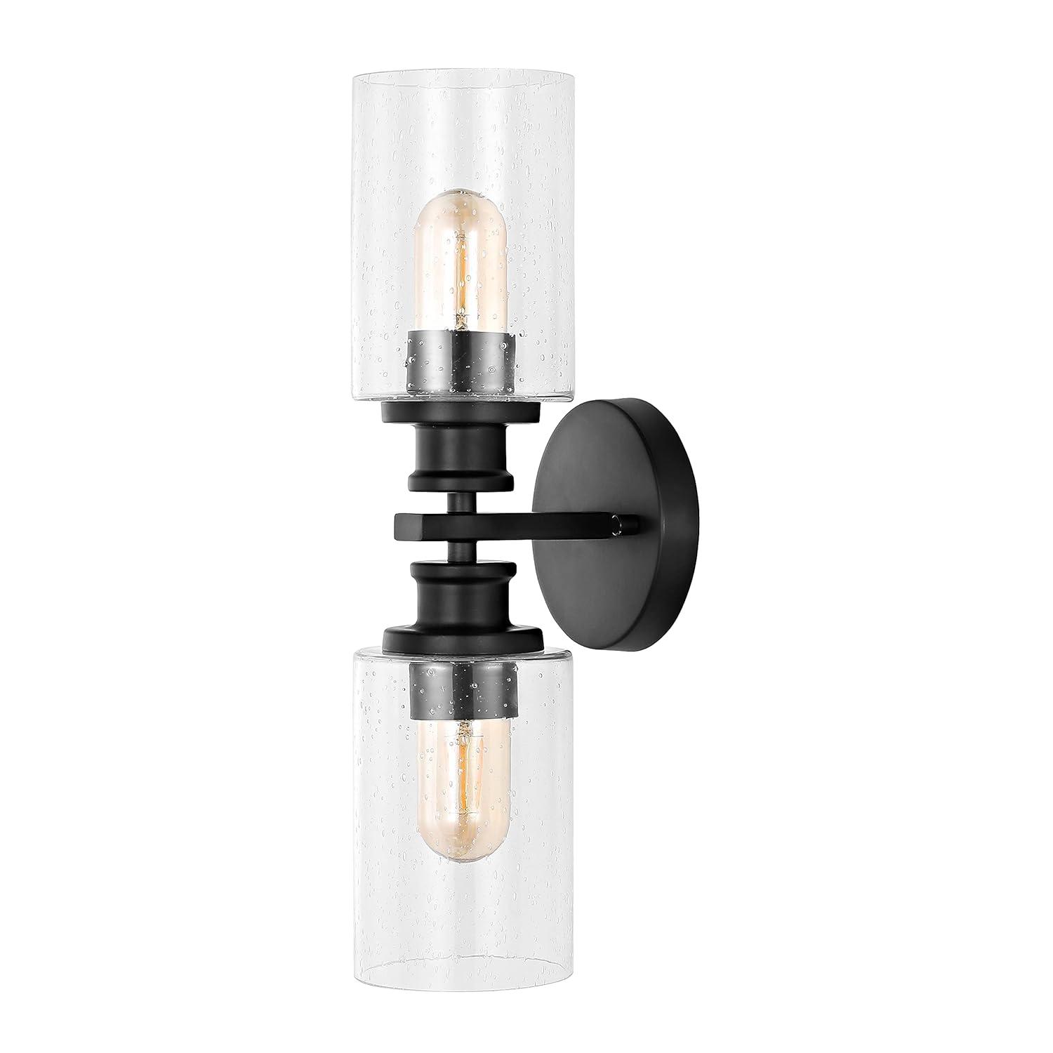 JONATHAN Y Jules Edison 16.5" Cylinder 2-Light Iron/Seeded Glass Farmhouse Contemporary LED Wall Sconce, Black