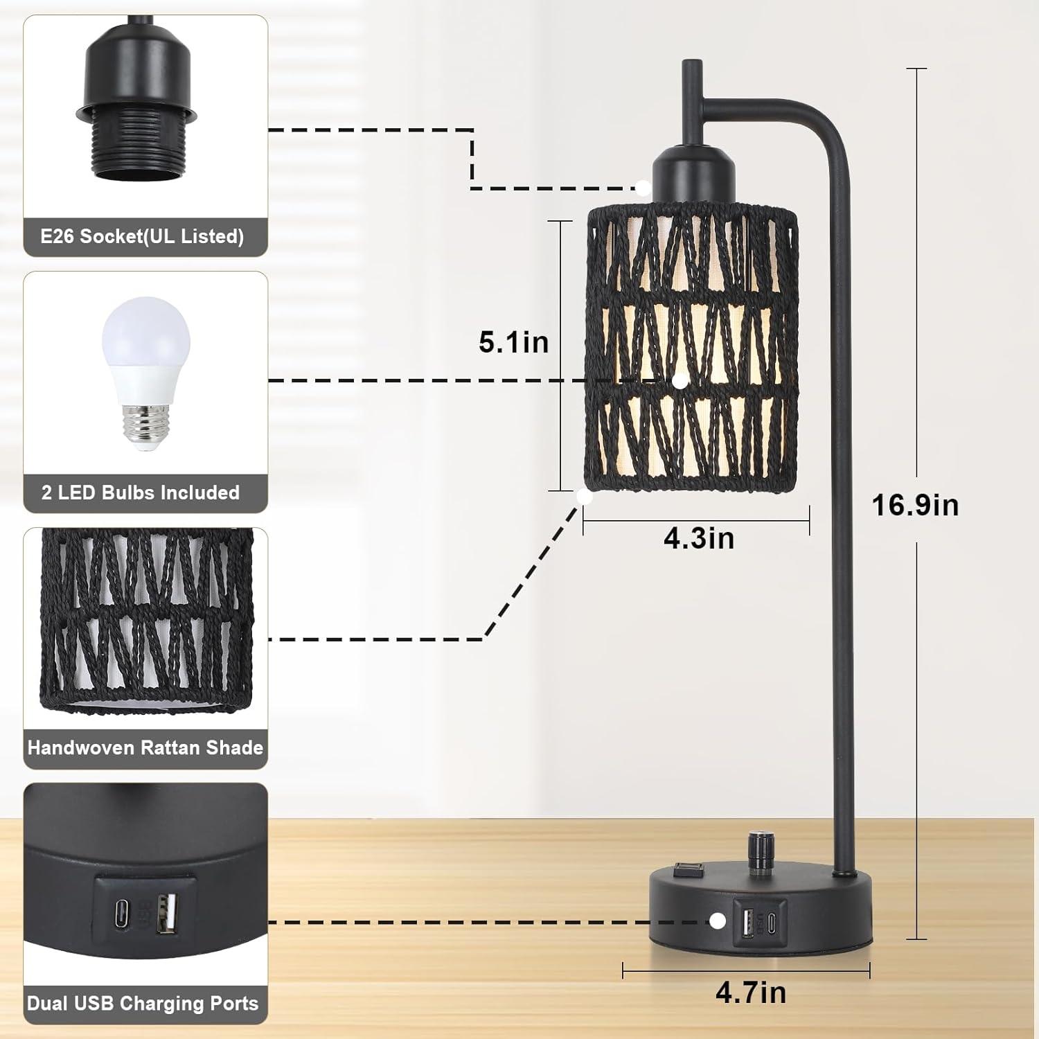 Rattan Table Lamps for Living Room Set of 2, Boho Bedside Lamps with LED Bulbs, USB Charging Ports and Outlet, Farmhouse Nightstand Lamp with Woven Shade, Black Desk Lamp for Bedroom Office