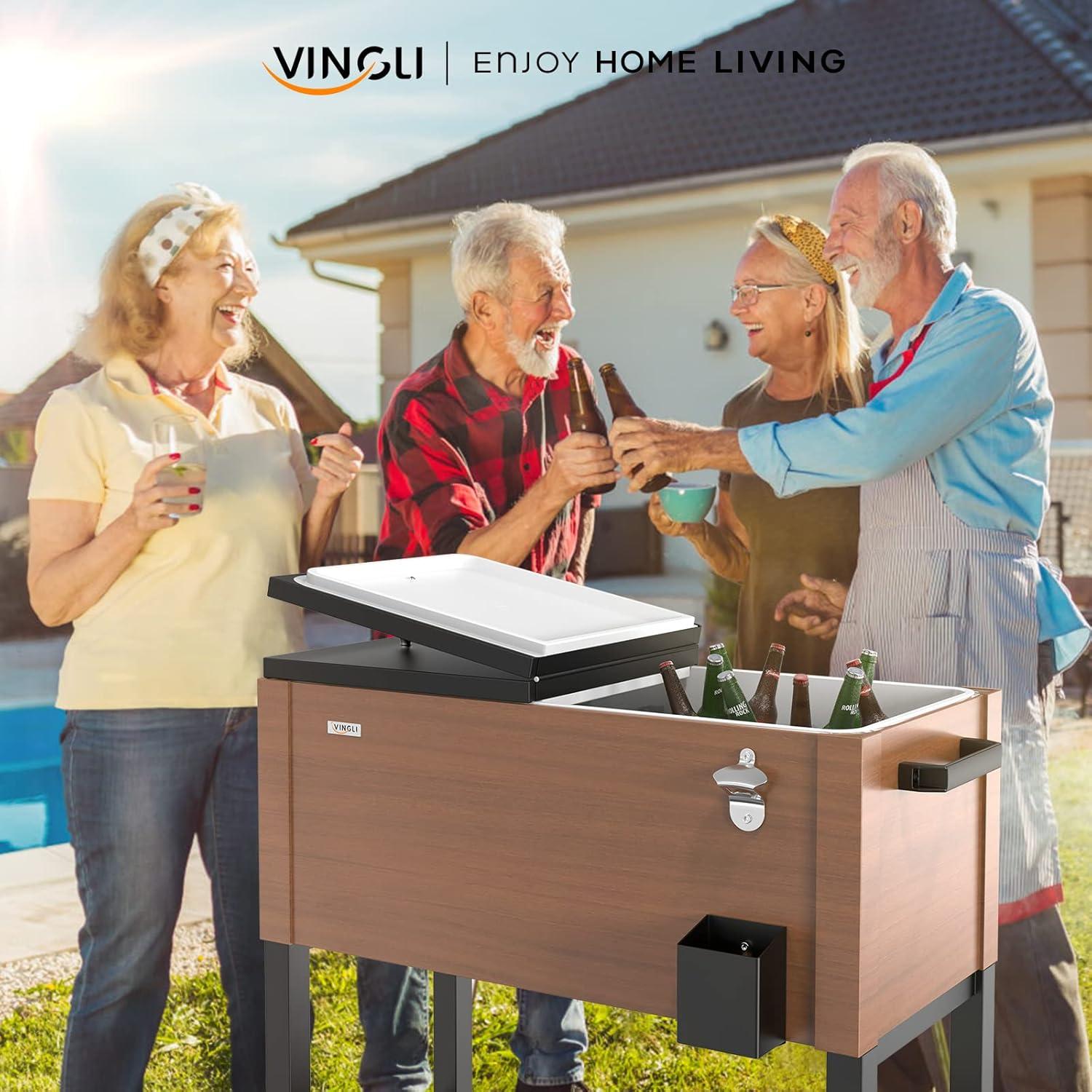VINGLI 80 Quart Rolling Ice Chest on Wheels, Patio Cooler Cart with Waterproof Cooler Cart Cover, Beverage Rolling Cooler for Outdoor Patio Deck Party