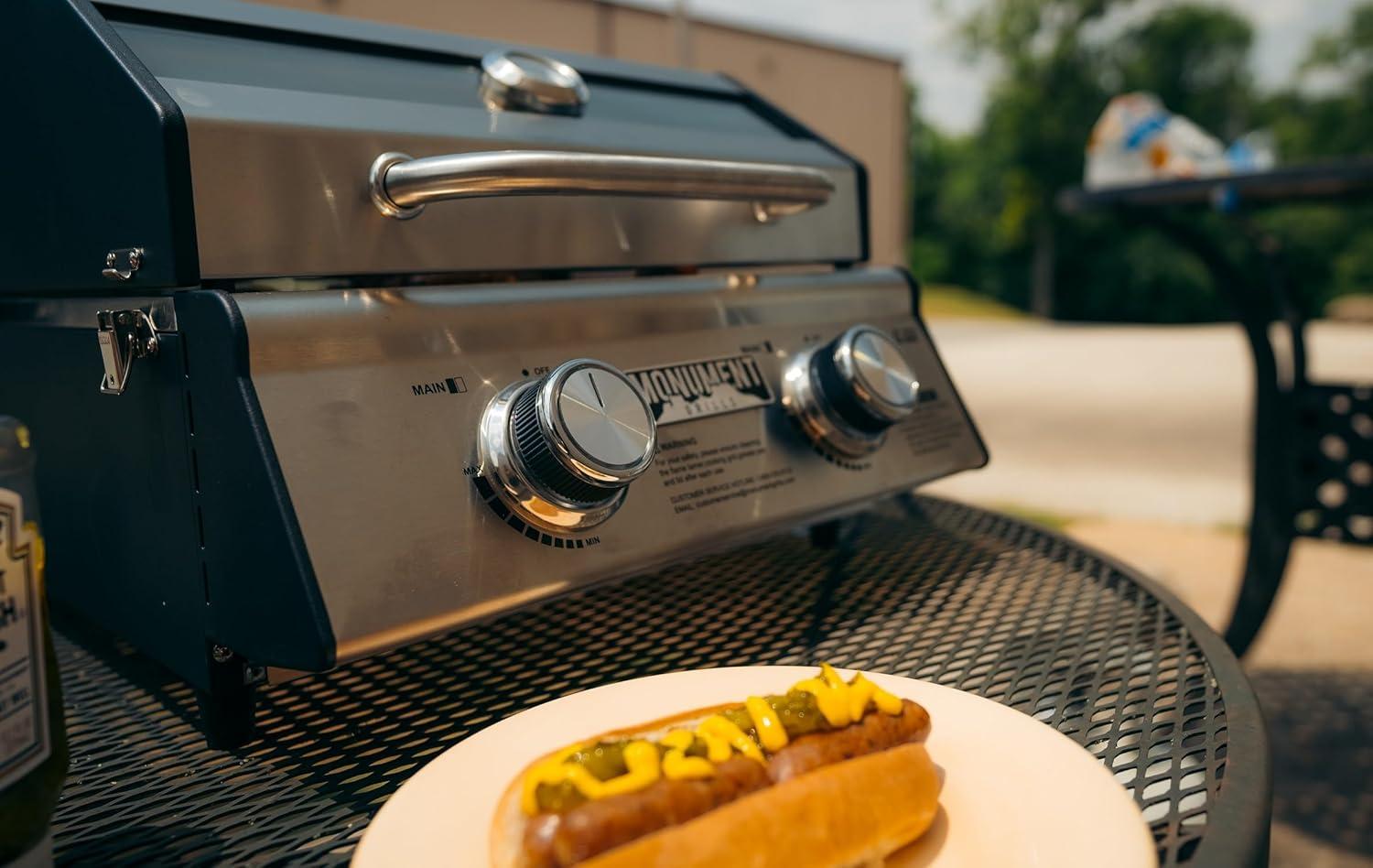 Monument Grills 13742,2-Burner Portable Stainless Steel Tabletop Propane Gas Grill with High Lid and Travel Locks, 15,000 BTU – Perfect for Family BBQs