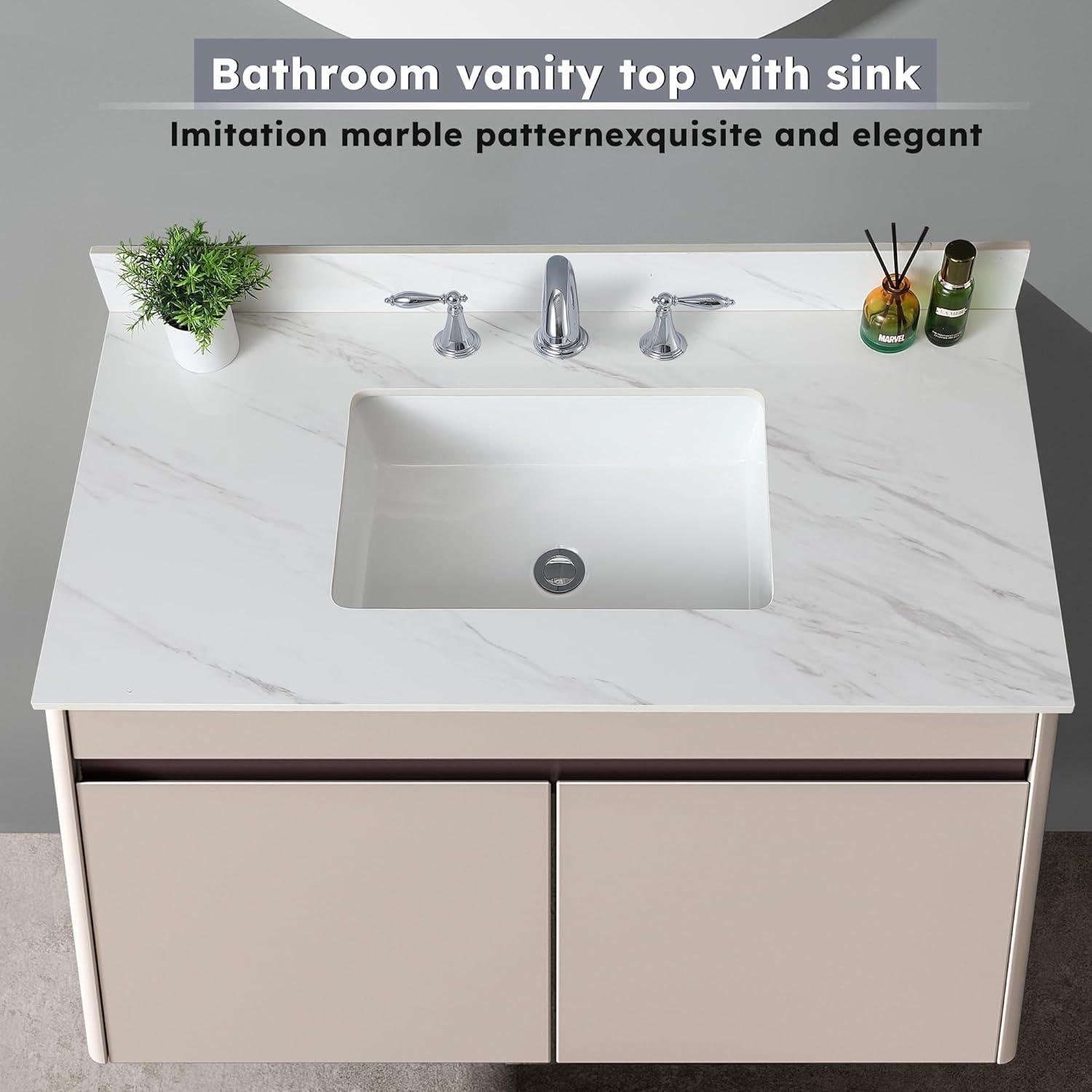 43 Inch Bathroom Vanity Top, Elegant White Sintered Stone Vanity Top with Rectangle Undermount Ceramic Sink and Top Backsplash, 43" Vanity Sink Top - 3 Holes, No Cabinet