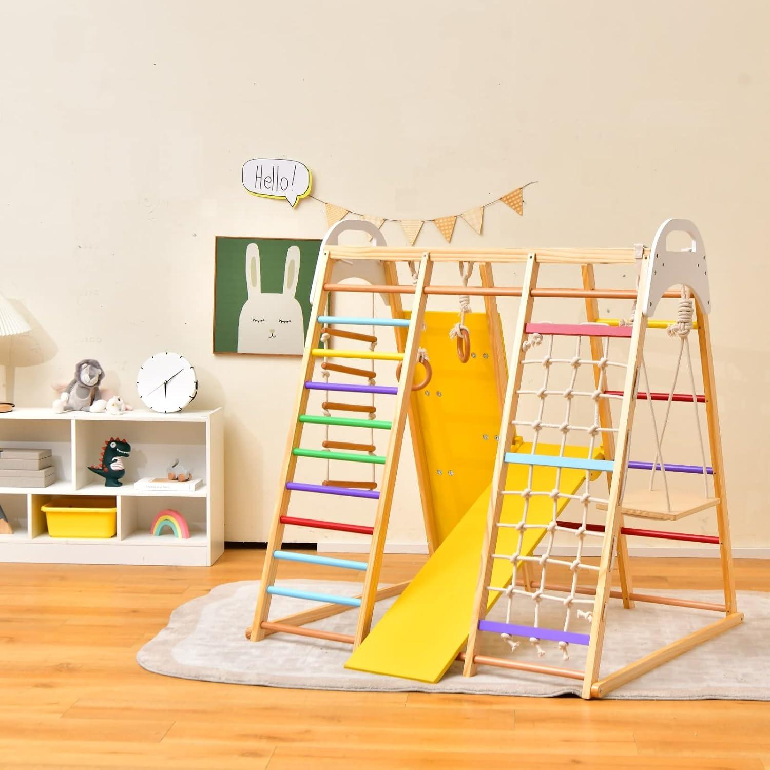 Colorful Wooden 8-in-1 Indoor Jungle Gym with Slide