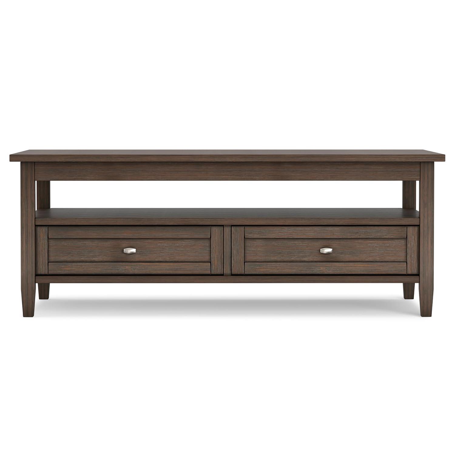 Simpli Home Warm Shaker 48"W Solid Wood Coffee Table with Two Storage Drawers and Open Shelf