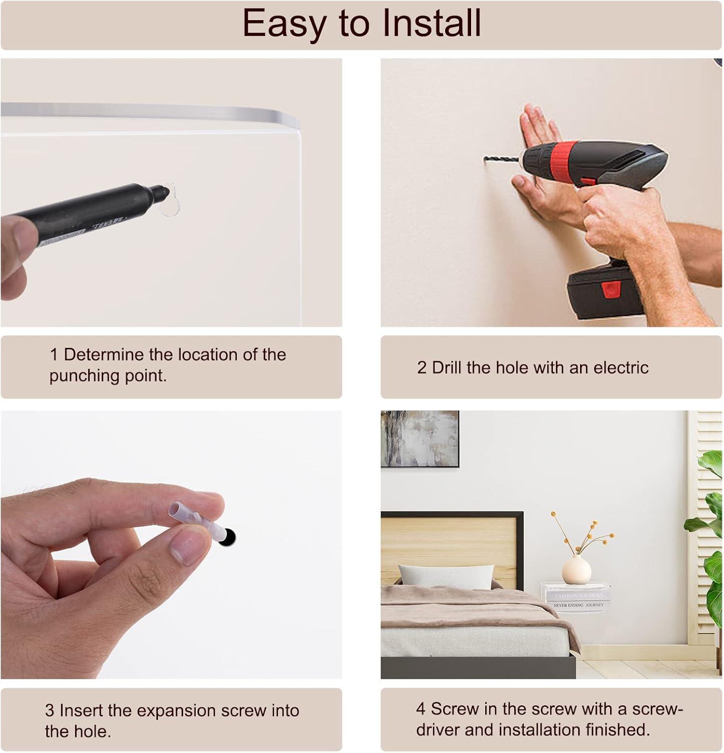 HMYHUM Acrylic Floating Nightstand Set of 2, Wall Mounted Bedside Table for Bedroom, Hanging, 8 lbs Load, 10.5" L x 10 "W x 4" H, Clear