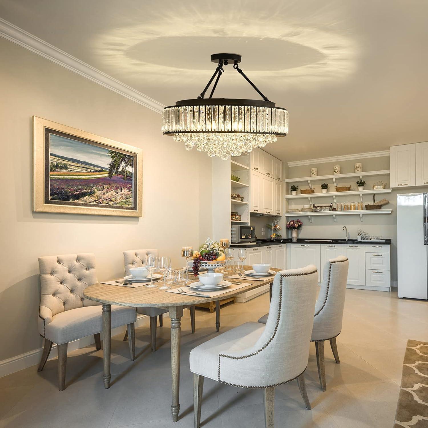 YYJLX 6-Light Modern Large Crystal Chandelier Black Metal E26 Semi Flush Mount Round Light Fixture Ceiling Lamp Farmhouse for Dining Living Room Laundry Foyer Kitchen Balcony Bedroom