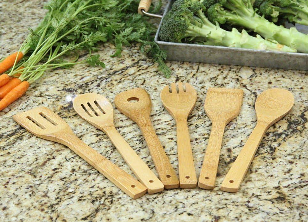 Oliva Italiana 7-Piece Bamboo Kitchen Utensil Set with Holder – Eco-Friendly, 100% Organic Bamboo Wooden Cooking Spoons, Spatula, Ladle, Turner & Pasta Server with Ergonomic Handles